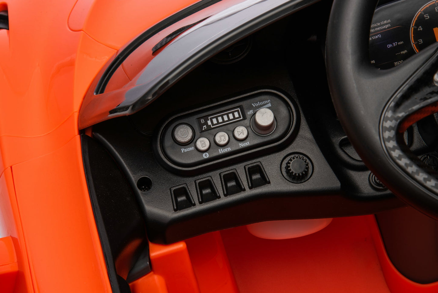 McLaren 765LT 12V Kids Ride-On Car in orange with rubber tires, leather seat, LED lights, butterfly doors, parental remote control, and rechargeable battery.
electric-powered kids ride on car McLaren 765LT 12v
