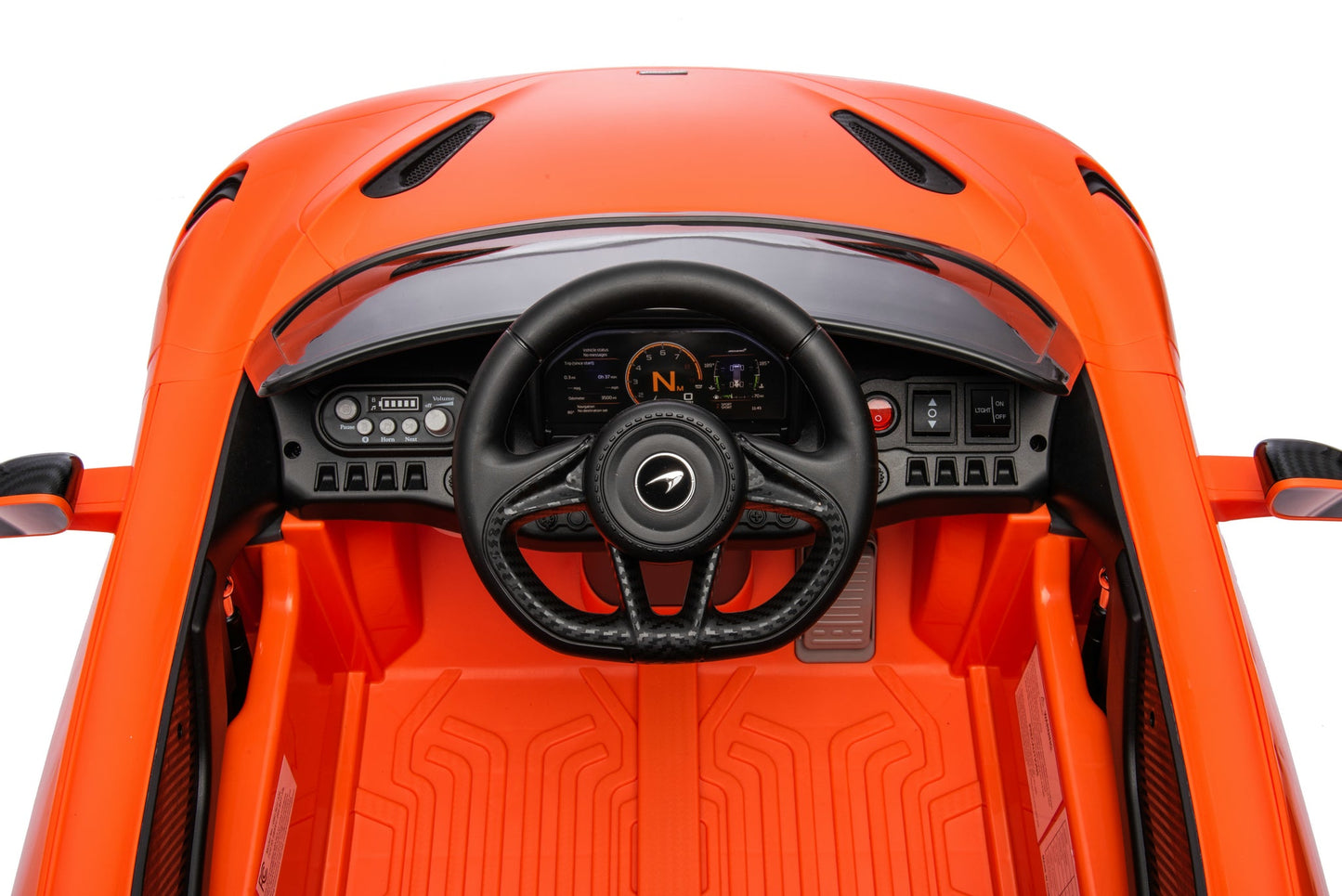 McLaren 765LT 12V Kids Ride-On Car in orange with rubber tires, leather seat, LED lights, butterfly doors, parental remote control, and rechargeable battery.
electric-powered kids ride on car McLaren 765LT 12v