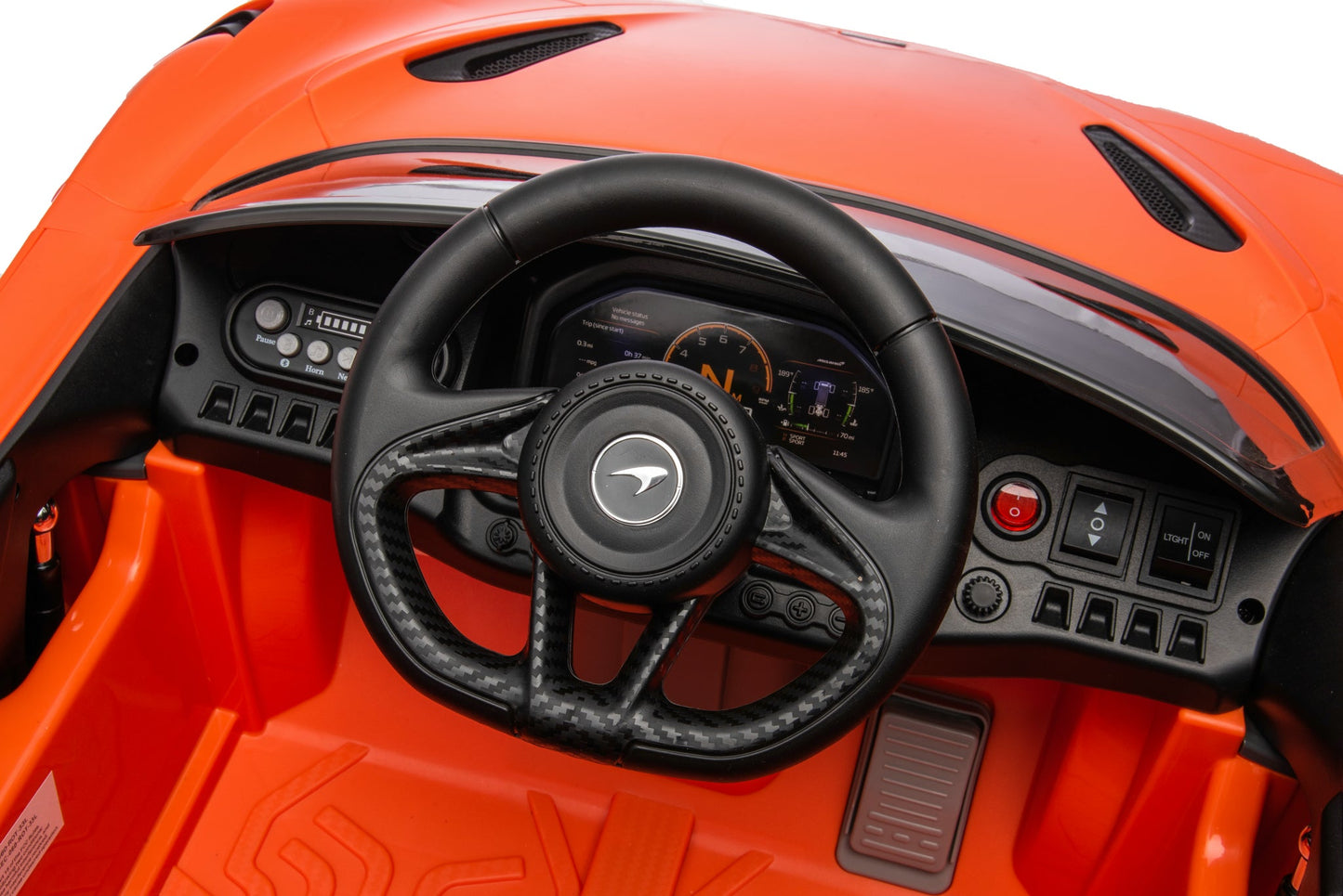 McLaren 765LT 12V Kids Ride-On Car in orange with rubber tires, leather seat, LED lights, butterfly doors, parental remote control, and rechargeable battery.
electric-powered kids ride on car McLaren 765LT 12v