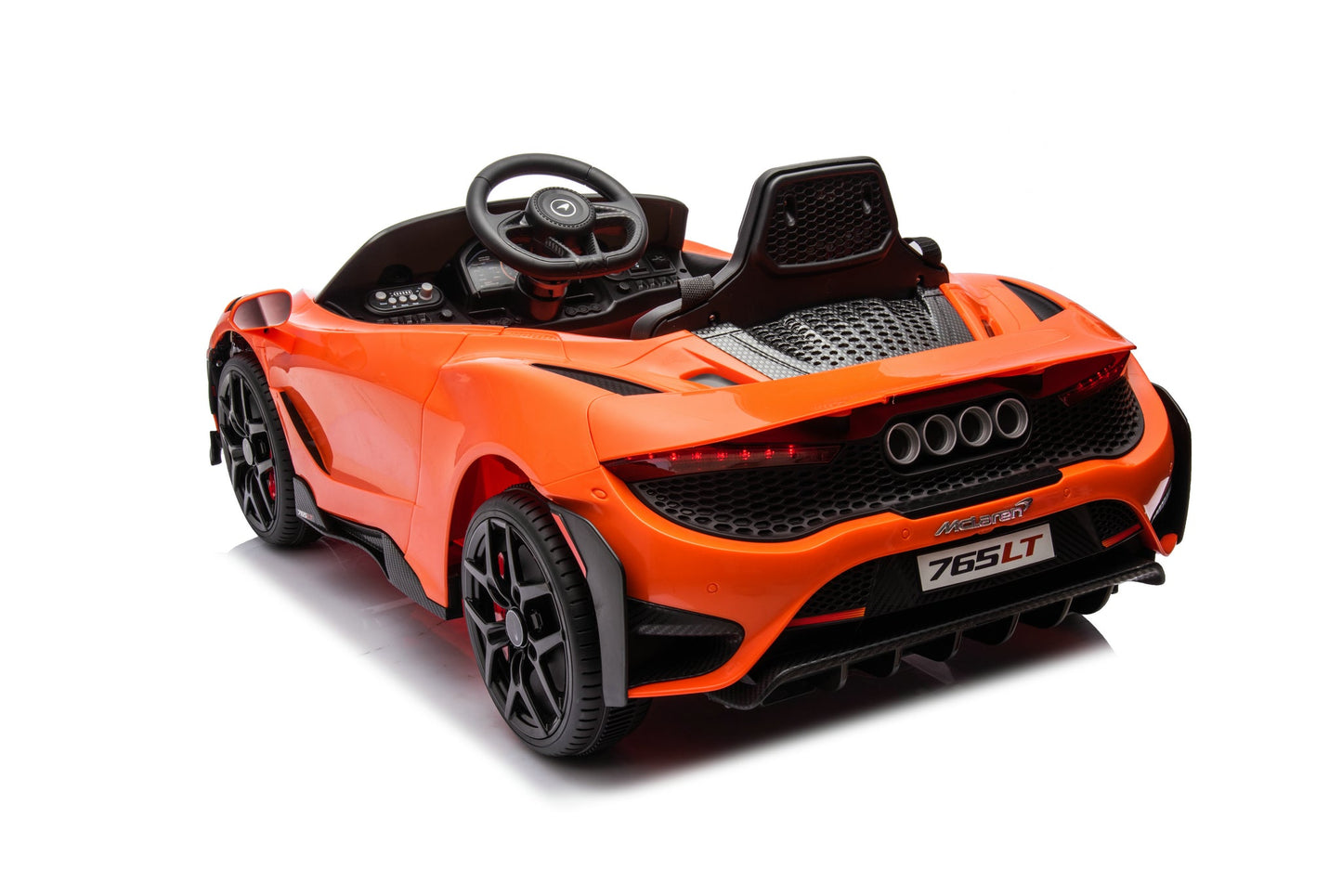 McLaren 765LT 12V Kids Ride-On Car in orange with rubber tires, leather seat, LED lights, butterfly doors, parental remote control, and rechargeable battery.
electric-powered kids ride on car McLaren 765LT 12v