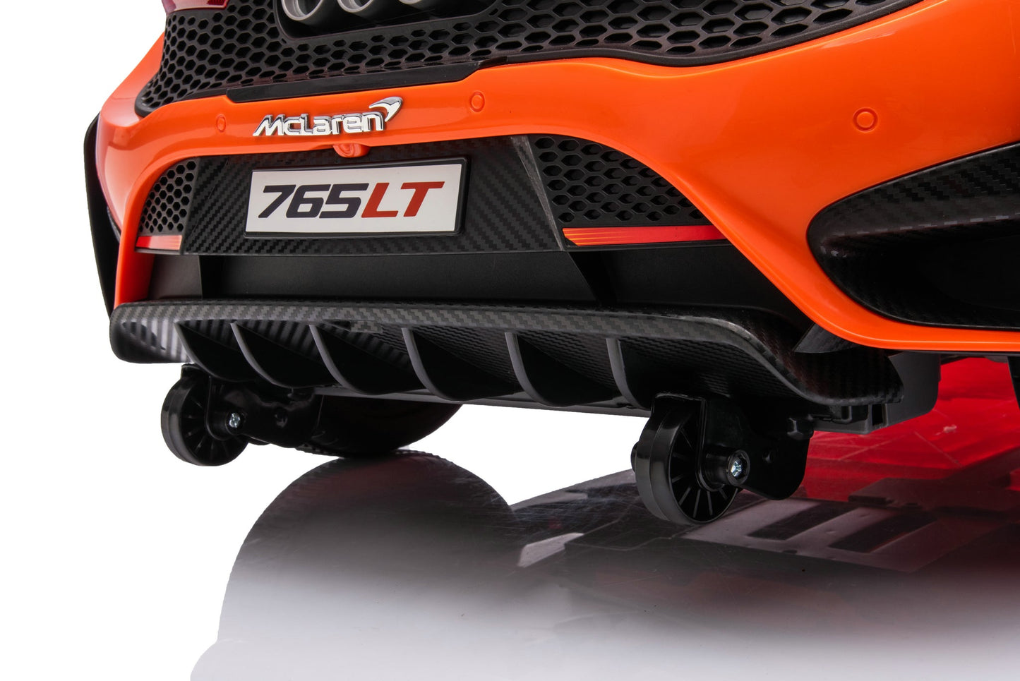 McLaren 765LT 12V Kids Ride-On Car in orange with rubber tires, leather seat, LED lights, butterfly doors, parental remote control, and rechargeable battery.
electric-powered kids ride on car McLaren 765LT 12v