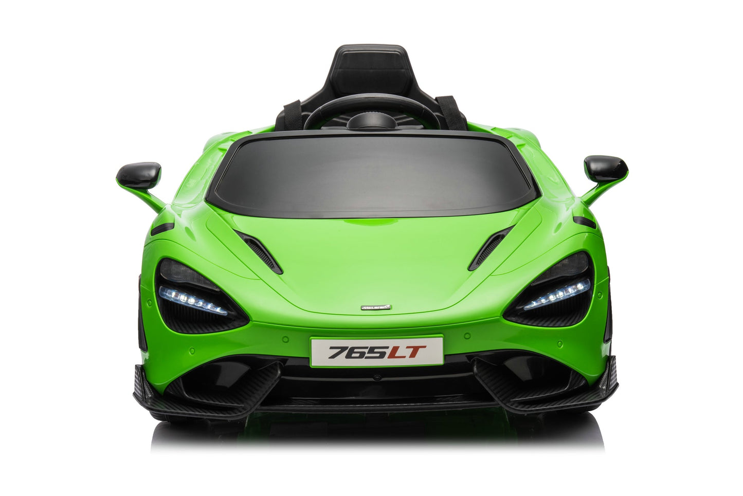 McLaren 765LT 12V Kids Ride-On Car in green with rubber tires, leather seat, LED lights, butterfly doors, parental remote control, and rechargeable battery.
electric-powered kids ride on car McLaren 765LT 12v