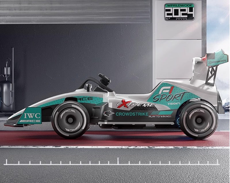 Formula F1 24V Kids Ride-On Go-Kart with brushless motor, drifting rear wheels, LED glow lights, leather seat, Bluetooth stereo, parental remote control, metal chassis, and dual-size adjustable pedals for kids and small adults. High-speed 24V battery-powered electric racing go-kart for ultimate fun and performance