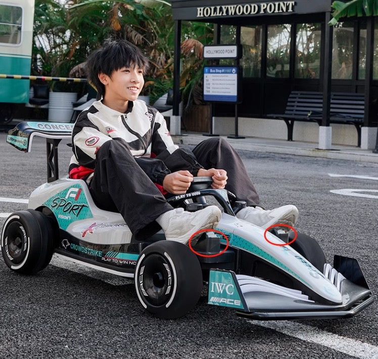 Formula F1 24V Kids Ride-On Go-Kart with brushless motor, drifting rear wheels, LED glow lights, leather seat, Bluetooth stereo, parental remote control, metal chassis, and dual-size adjustable pedals for kids and small adults. High-speed 24V battery-powered electric racing go-kart for ultimate fun and performance