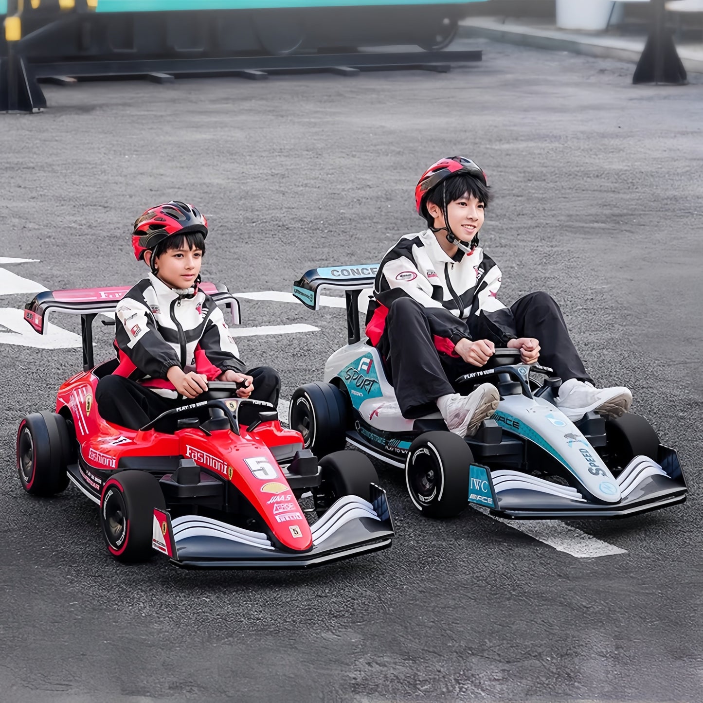 Formula F1 24V Kids Ride-On Go-Kart with brushless motor, drifting rear wheels, LED glow lights, leather seat, Bluetooth stereo, parental remote control, metal chassis, and dual-size adjustable pedals for kids and small adults. High-speed 24V battery-powered electric racing go-kart for ultimate fun and performance