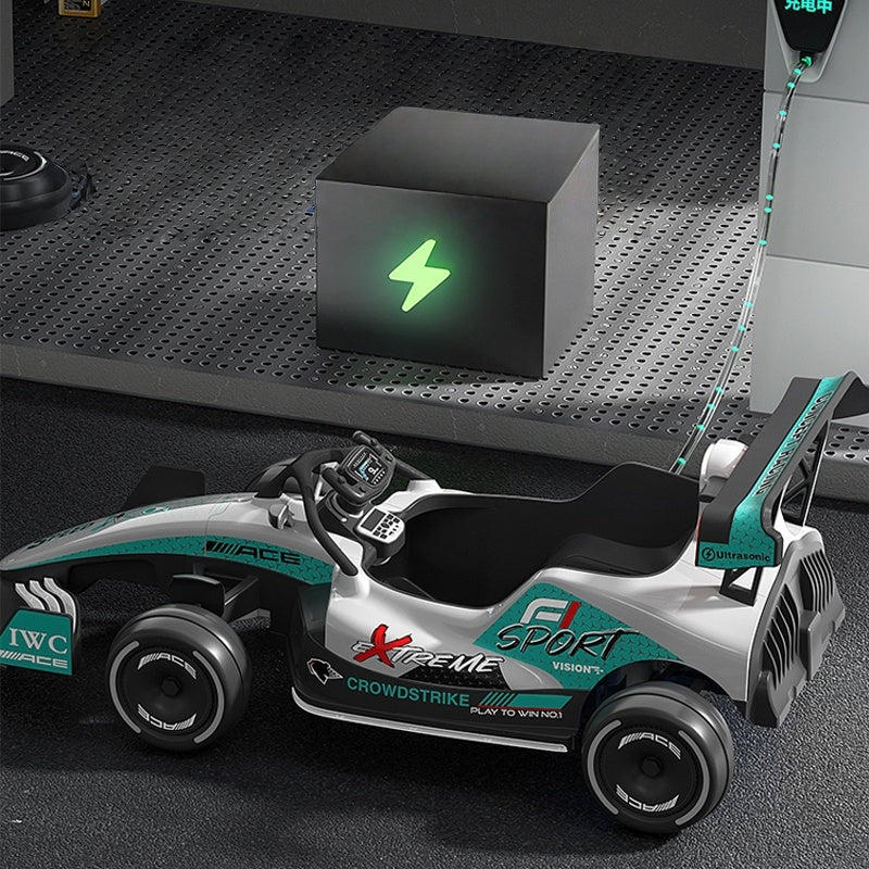 Formula F1 24V Kids Ride-On Go-Kart with brushless motor, drifting rear wheels, LED glow lights, leather seat, Bluetooth stereo, parental remote control, metal chassis, and dual-size adjustable pedals for kids and small adults. High-speed 24V battery-powered electric racing go-kart for ultimate fun and performance