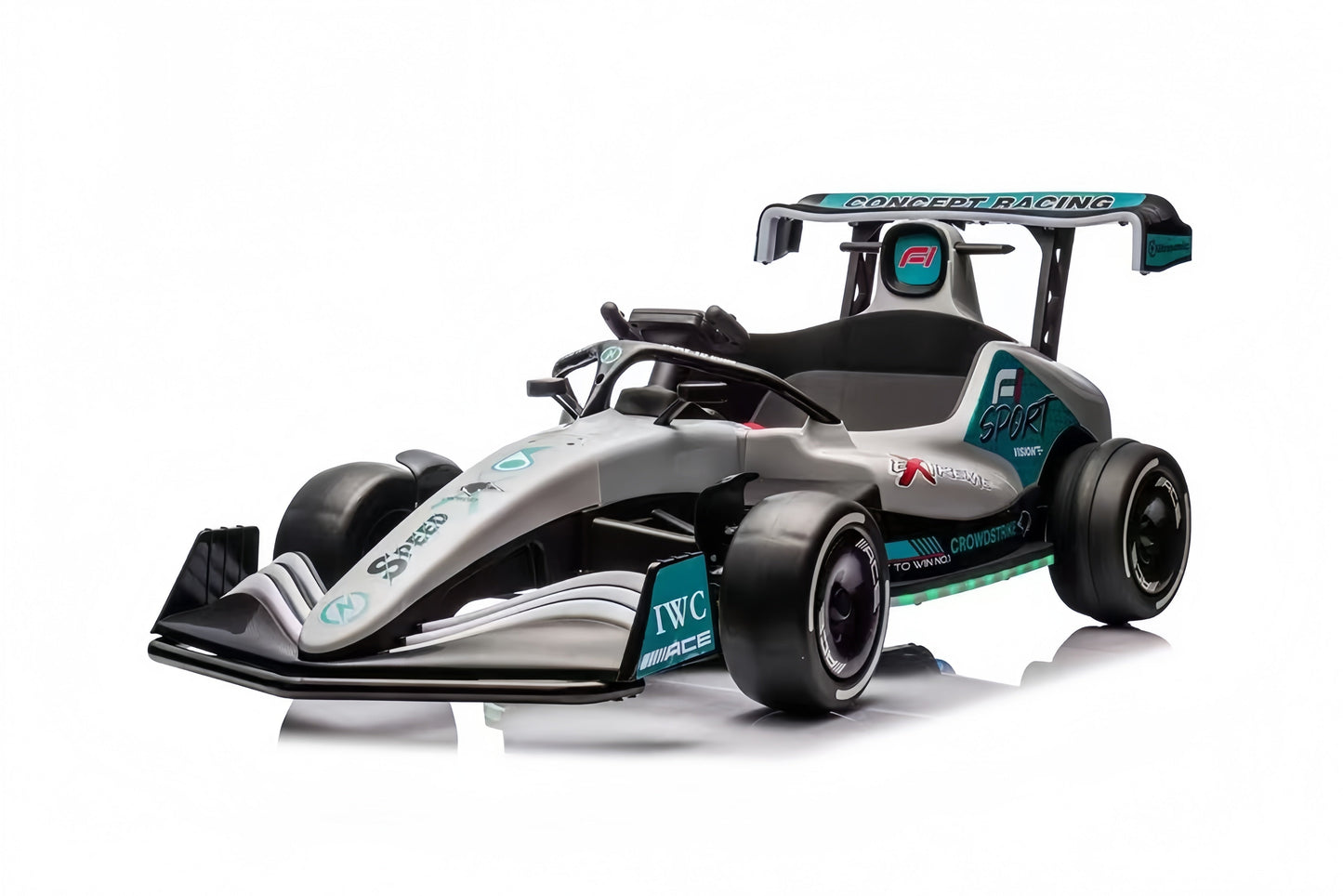 Formula F1 24V Kids Ride-On Go-Kart with brushless motor, drifting rear wheels, LED glow lights, leather seat, Bluetooth stereo, parental remote control, metal chassis, and dual-size adjustable pedals for kids and small adults. High-speed 24V battery-powered electric racing go-kart for ultimate fun and performance