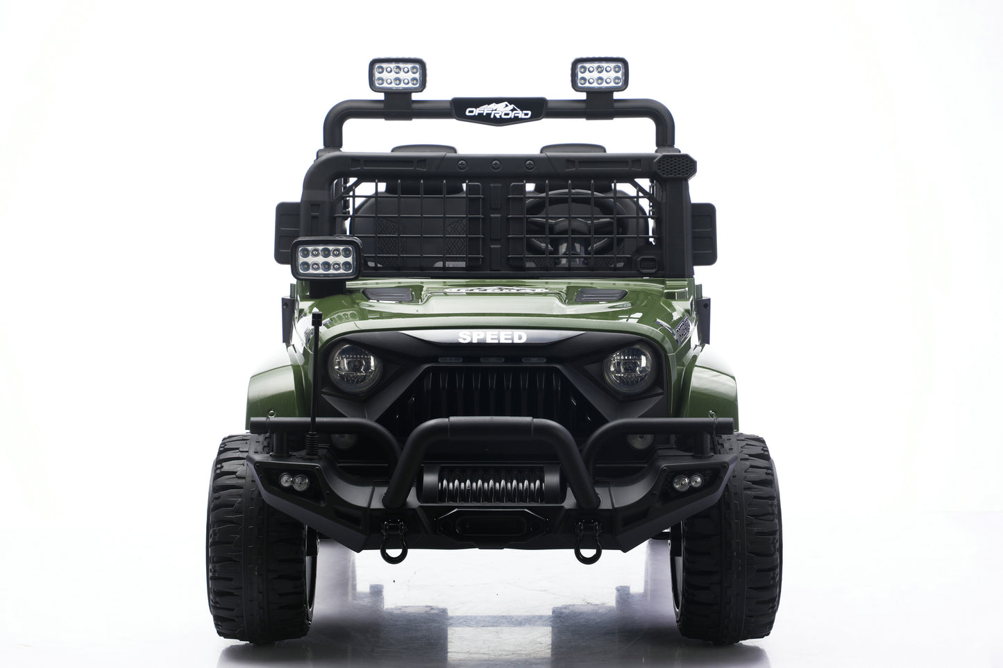 24v 2 seater kids jeep in green front view