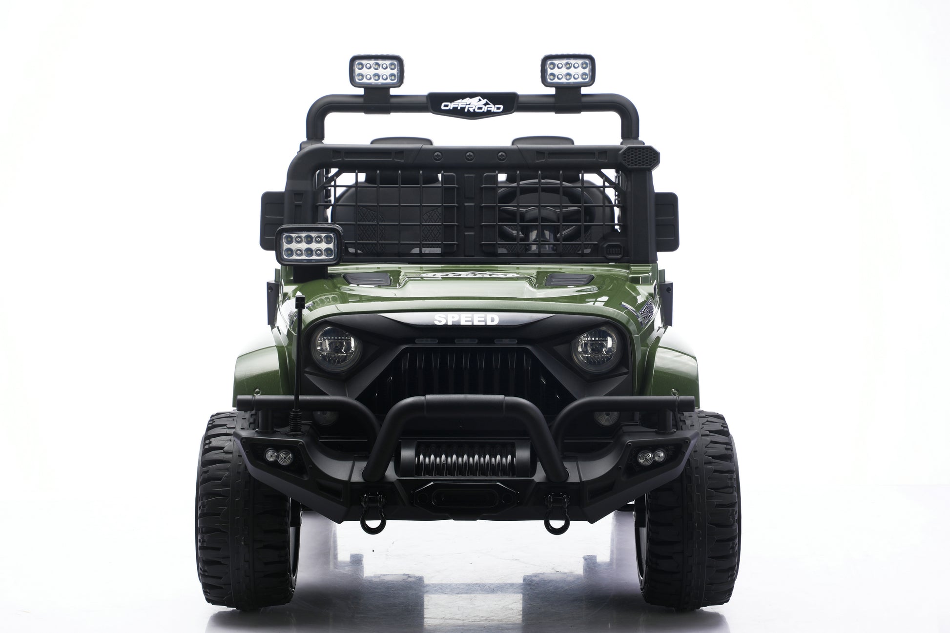 24v 2 seater kids jeep in green front view