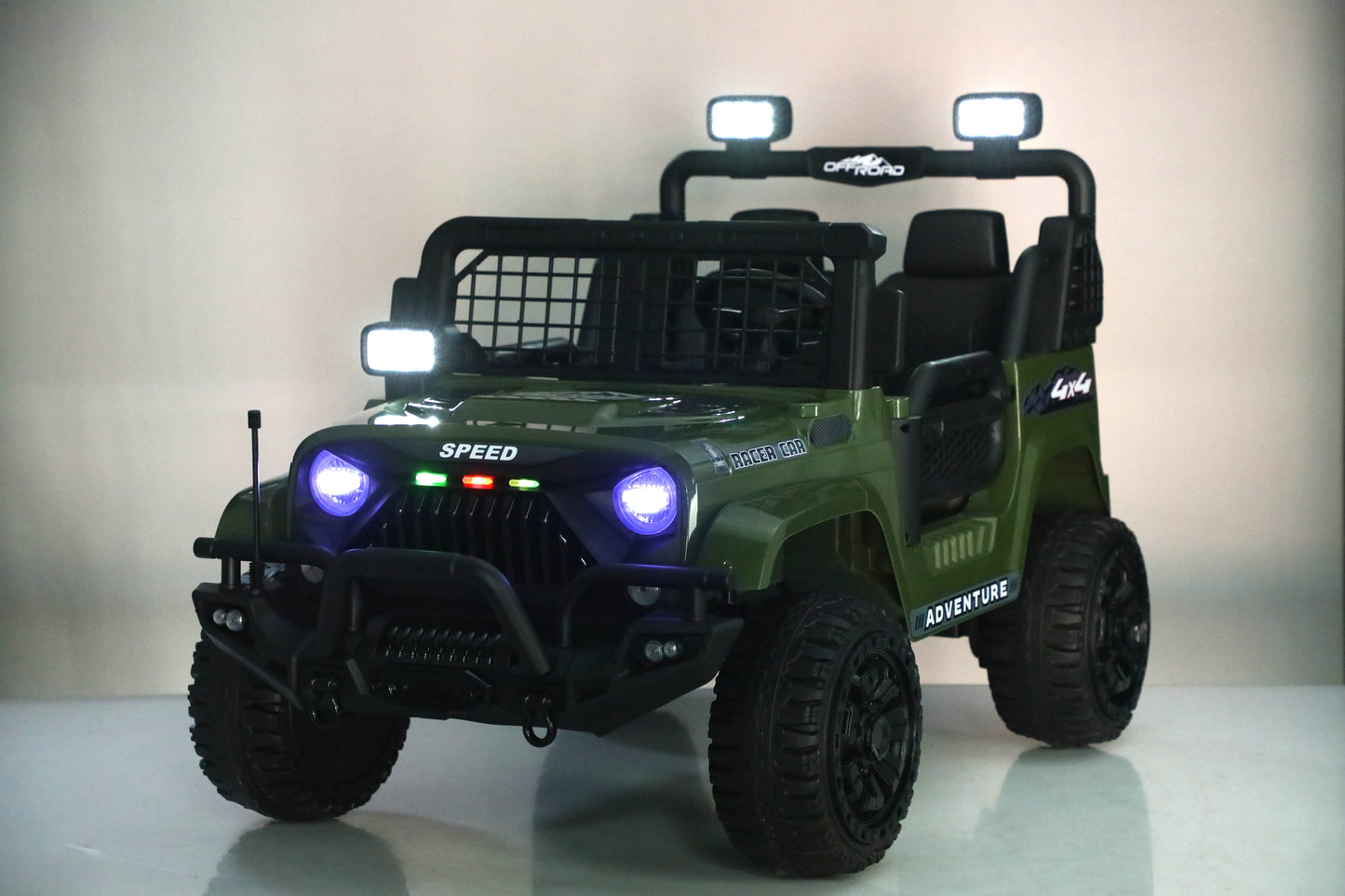 24volts 2 seater jeep in green colour with light on