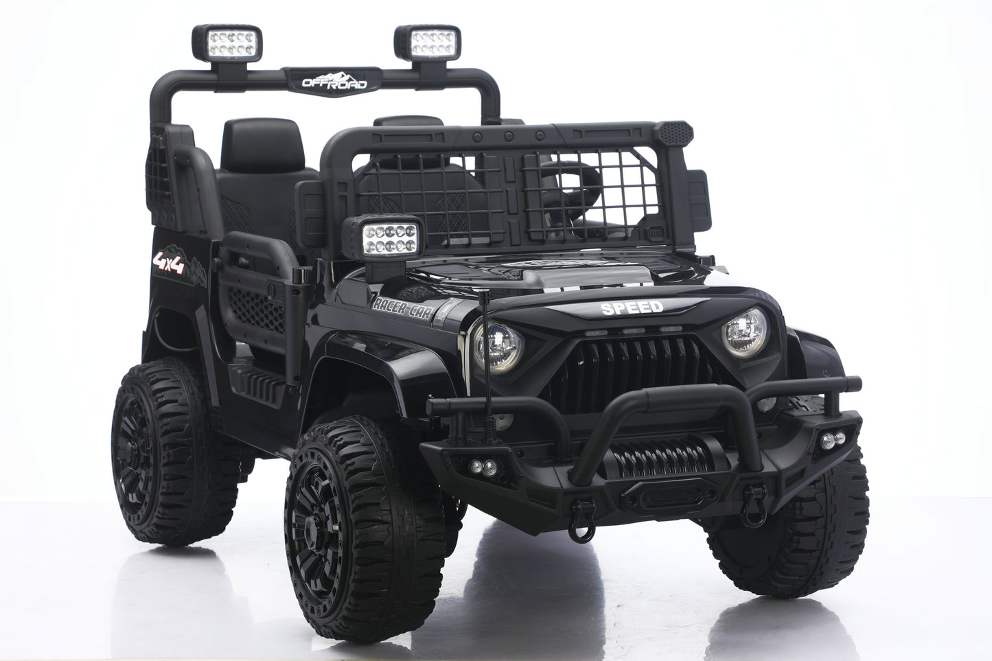 children's black 24volts jeep 2 seater front side view