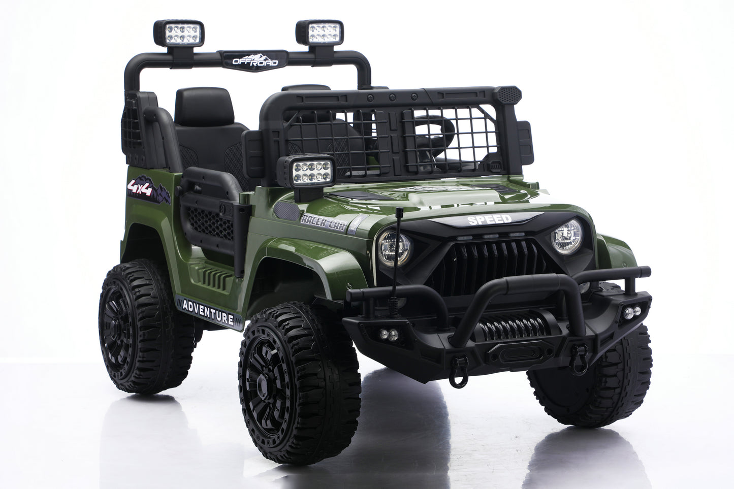 An olive green and black ride-on toy Jeep 24V styled like a rugged off-road vehicle, shown from a three-quarter front angle on a white studio background.