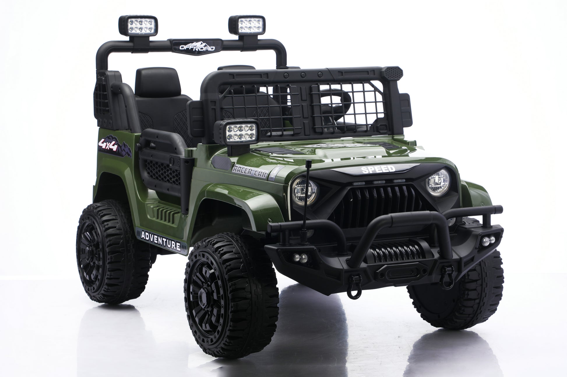 An olive green and black ride-on toy Jeep 24V styled like a rugged off-road vehicle, shown from a three-quarter front angle on a white studio background.