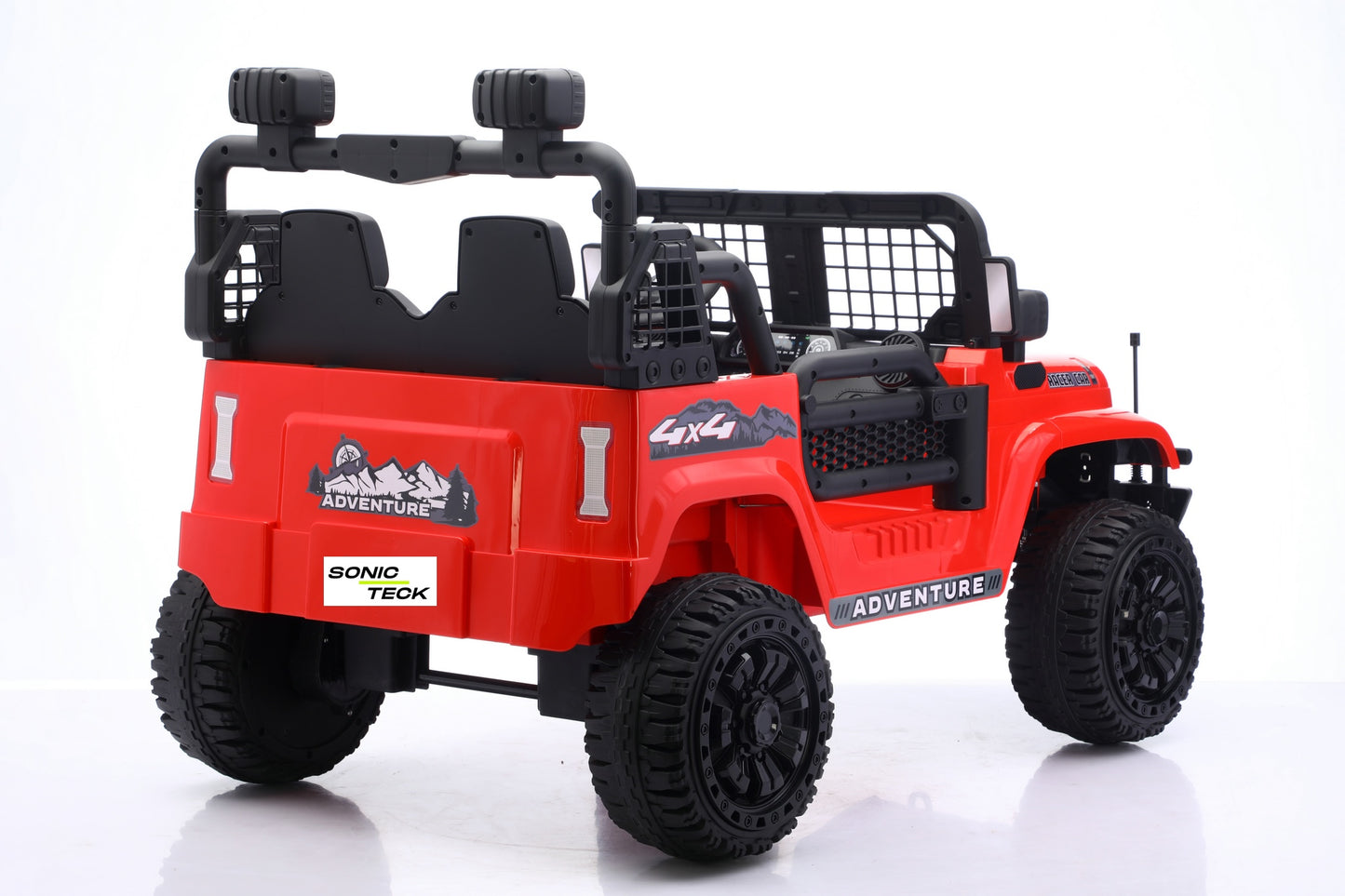 A red and black toy off-road jeep with four wheels, roll bars, and decorative decals, photographed on a clean white background.