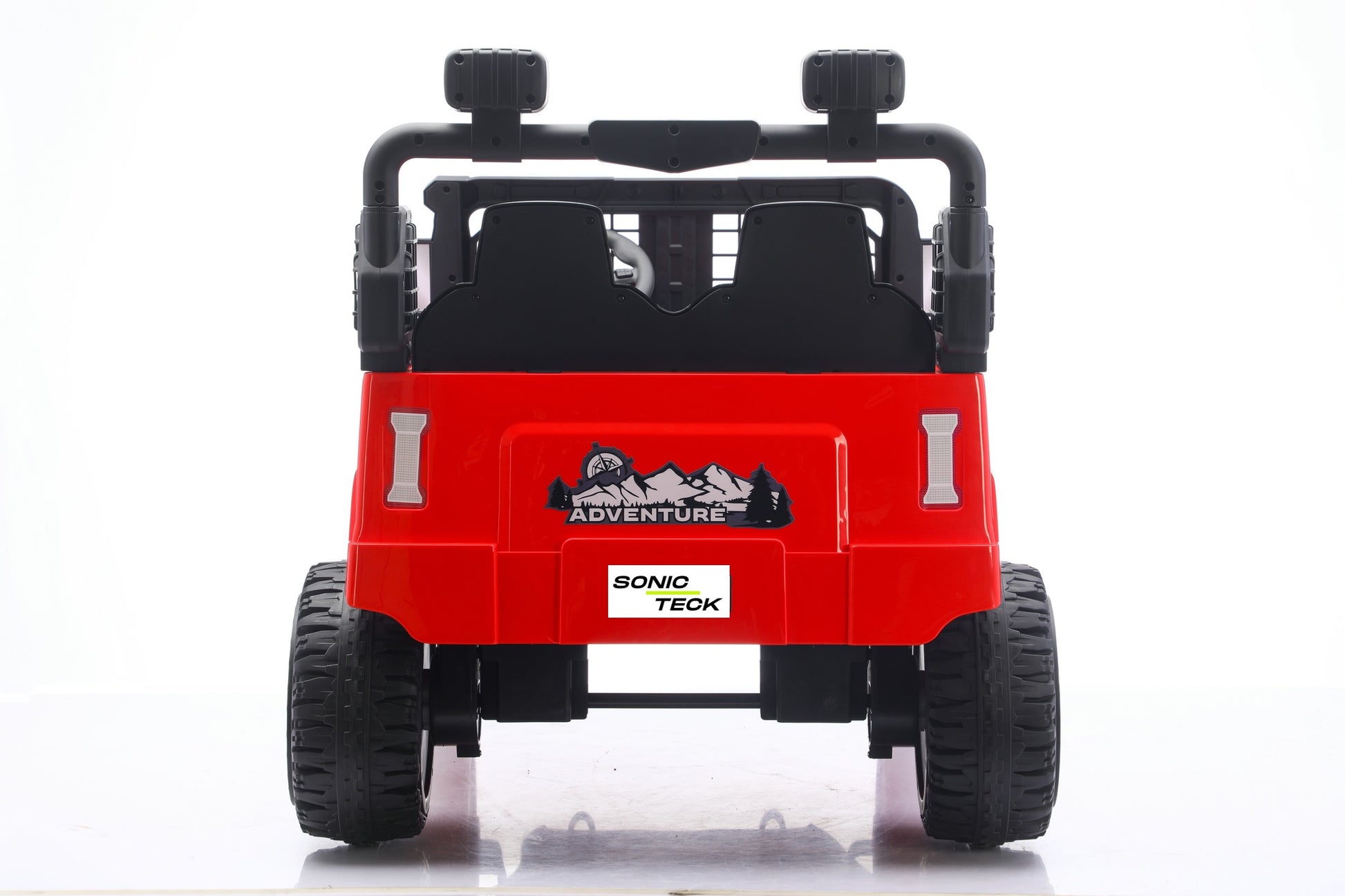 Red and black 4-wheel electric ride-on toy vehicle shown from the rear view, featuring a 'SONIC TECK' label and 'ADVENTURE' graphic on the back.
