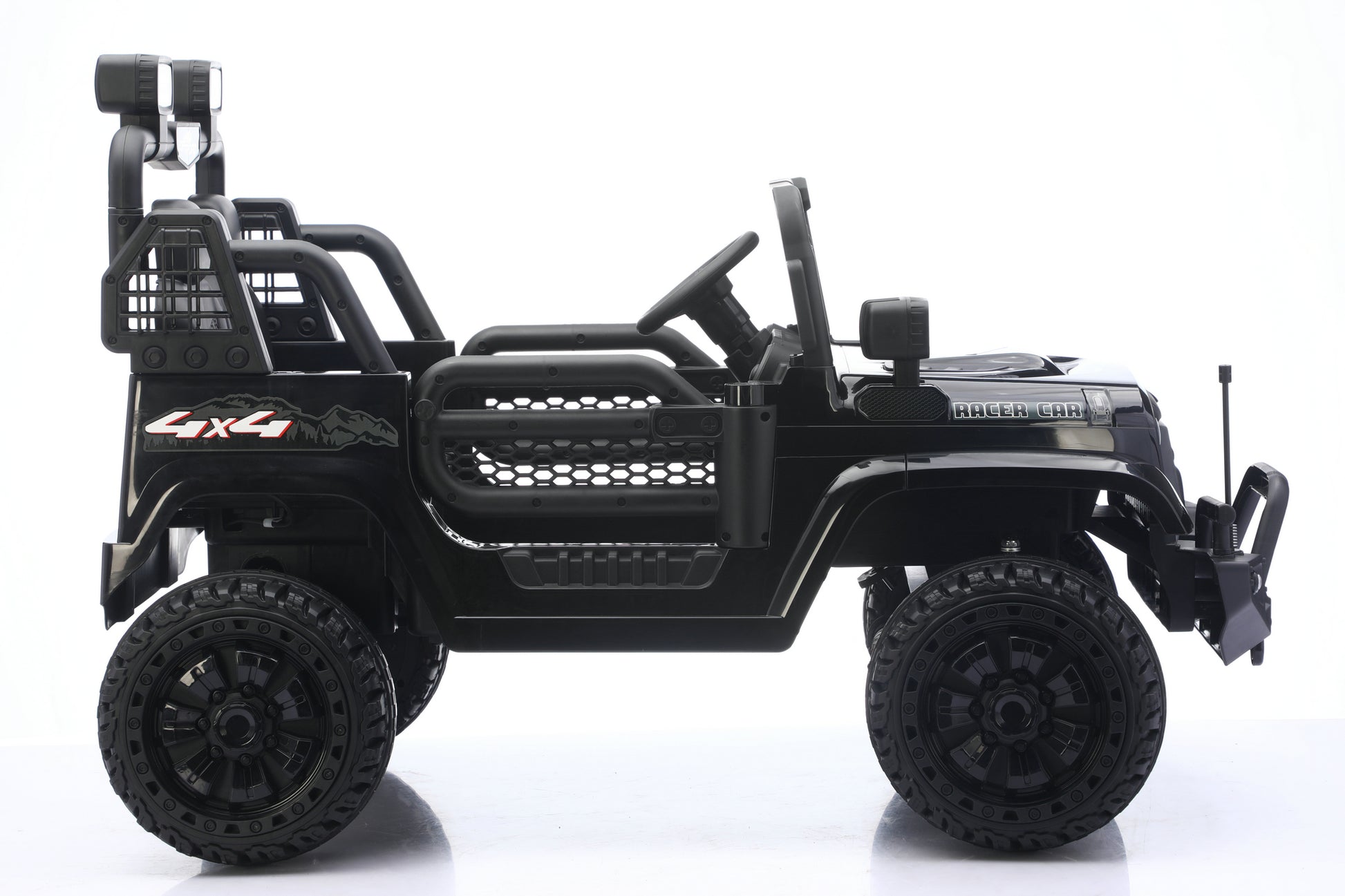 A black children's electric ride-on toy jeep with oversized black tires, a roll bar, and a front bumper, shown from a side profile on a white background.