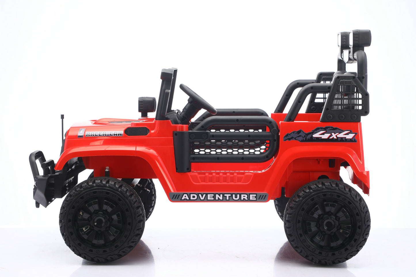 A red and black toy off-road jeep with 'ADVENTURE' and '4x4' decals, shown from a side profile on a white background.