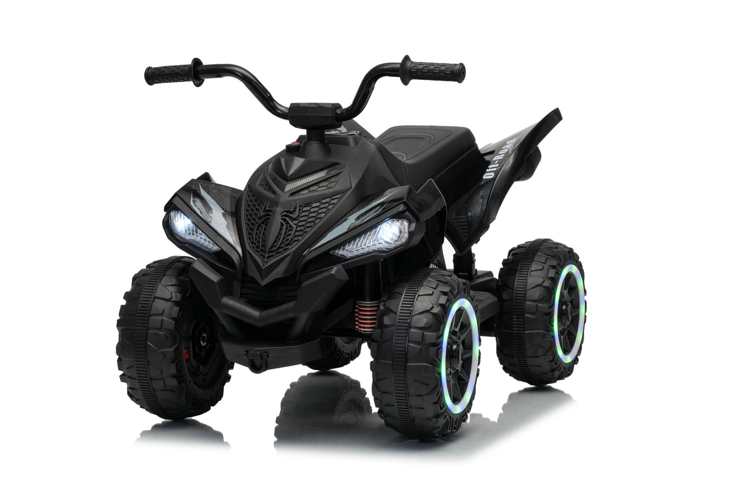 Black kids' ride-on ATV quad bike with illuminated LED headlights and glowing blue-rimmed wheels, shown on a white background with a soft reflection.