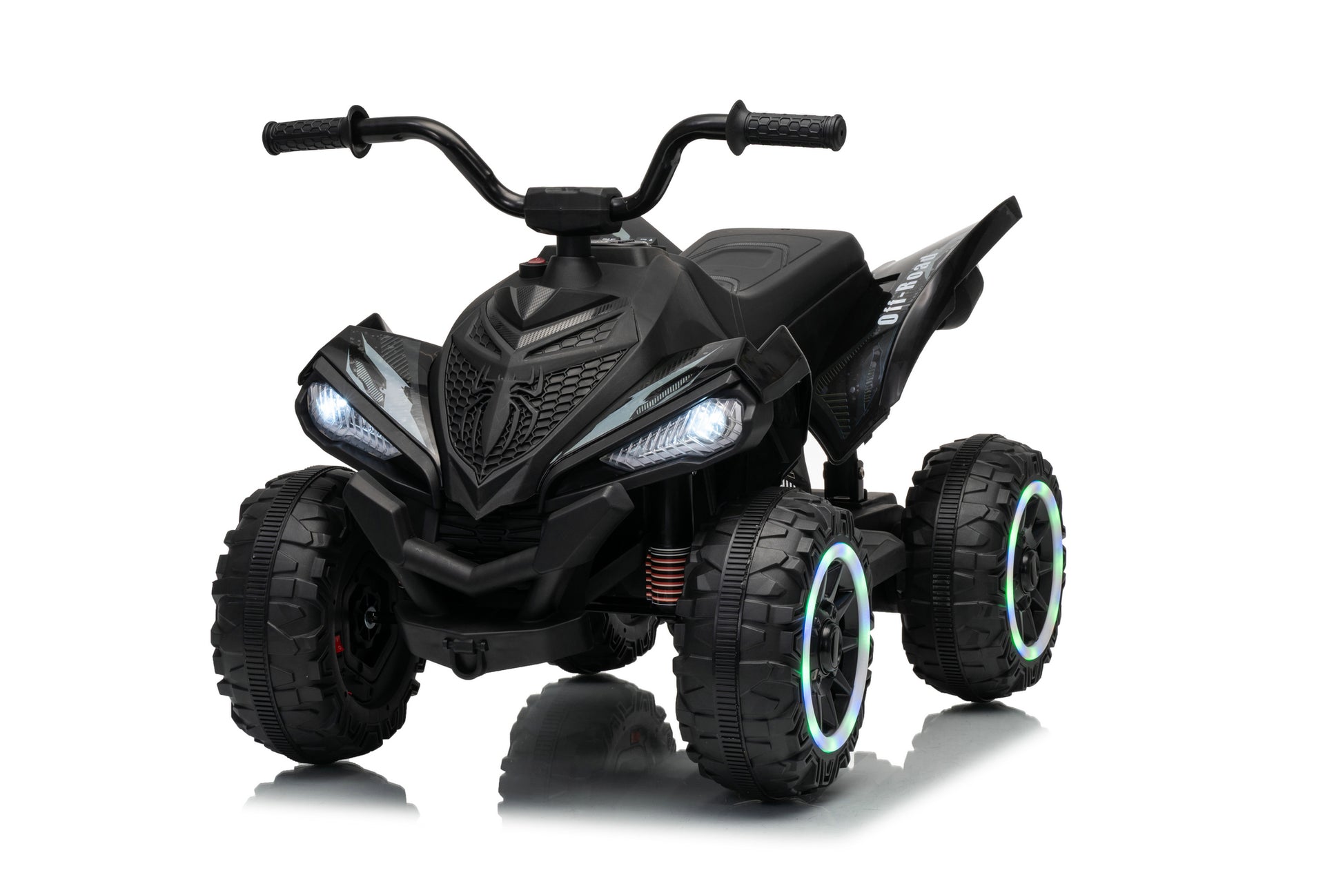 Black kids' ride-on ATV quad bike with illuminated LED headlights and glowing blue-rimmed wheels, shown on a white background with a soft reflection.