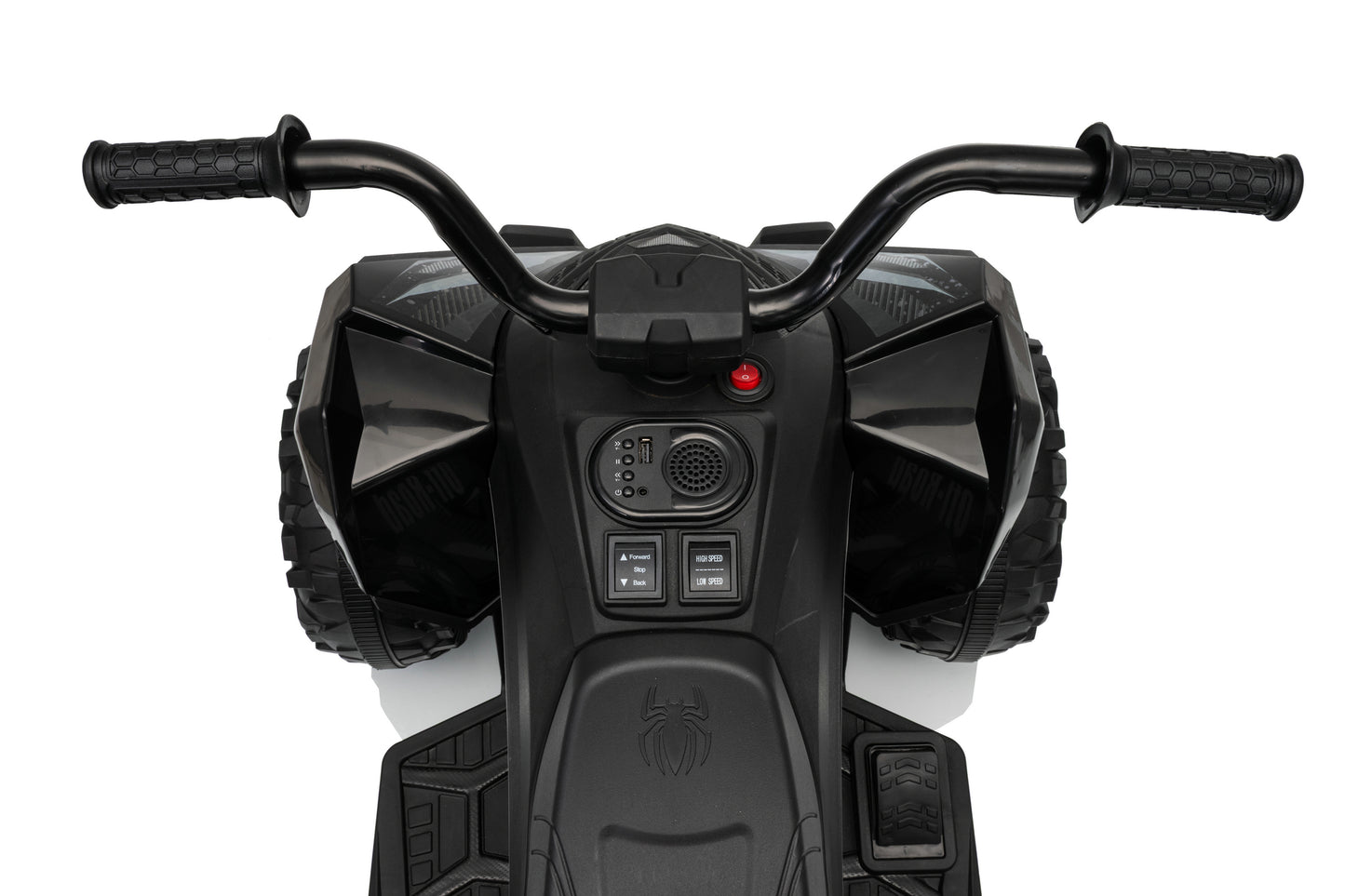 Black electric kids' ATV quad bike shown from a front-facing overhead angle on a white background.