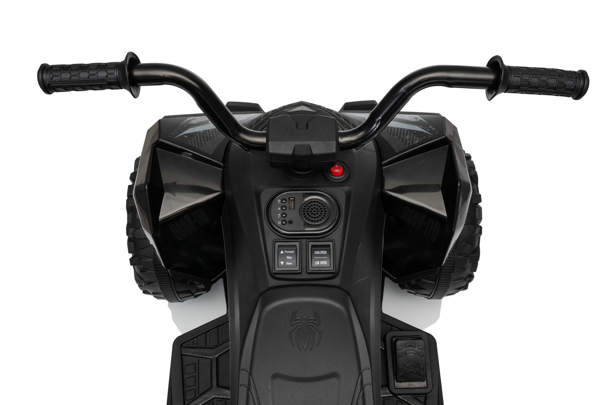 Black electric kids' ATV quad bike shown from a front-facing overhead angle on a white background.
