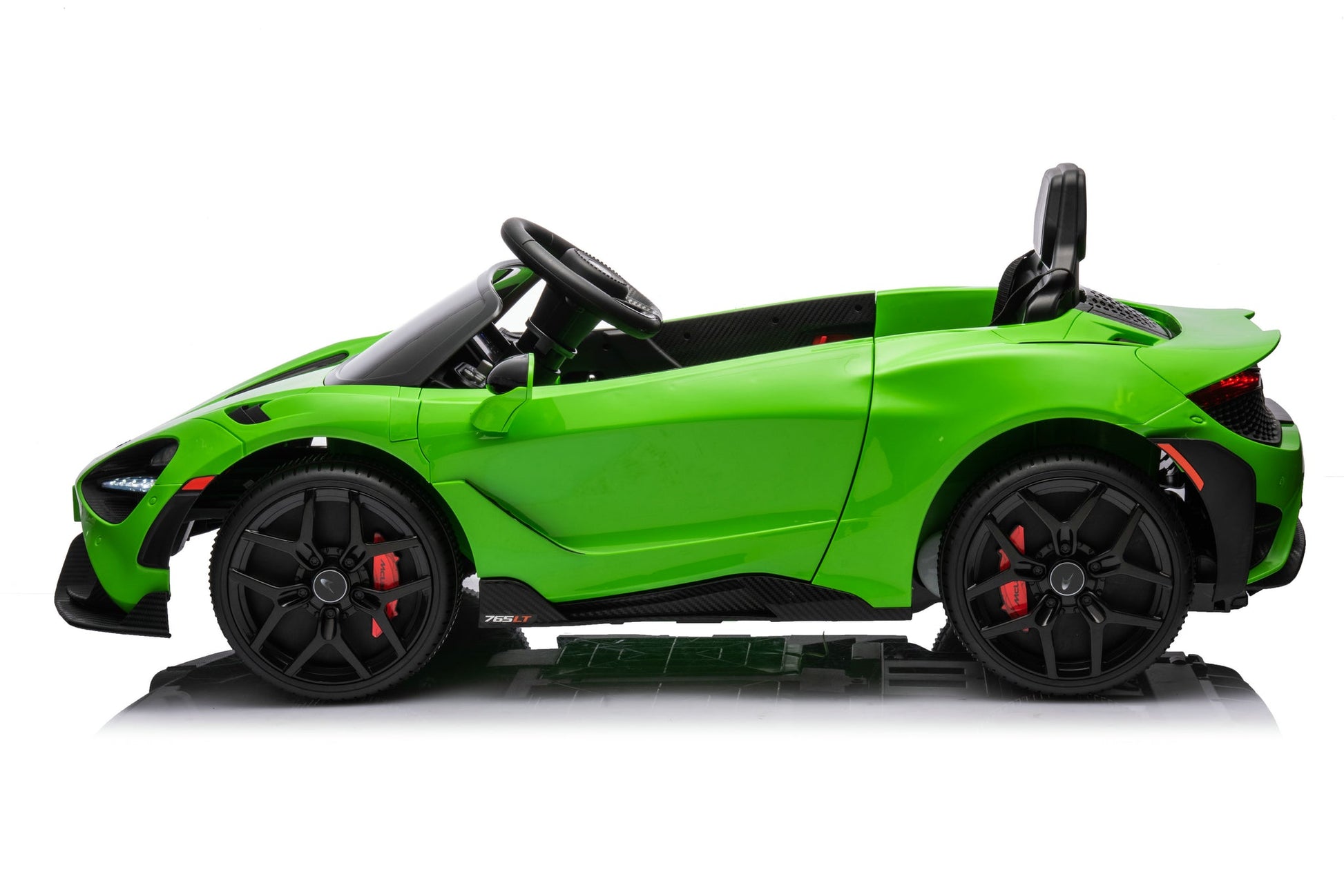 McLaren 765LT 12V Kids Ride-On Car in green with rubber tires, leather seat, LED lights, butterfly doors, parental remote control, and rechargeable battery.
electric-powered kids ride on car McLaren 765LT 12v