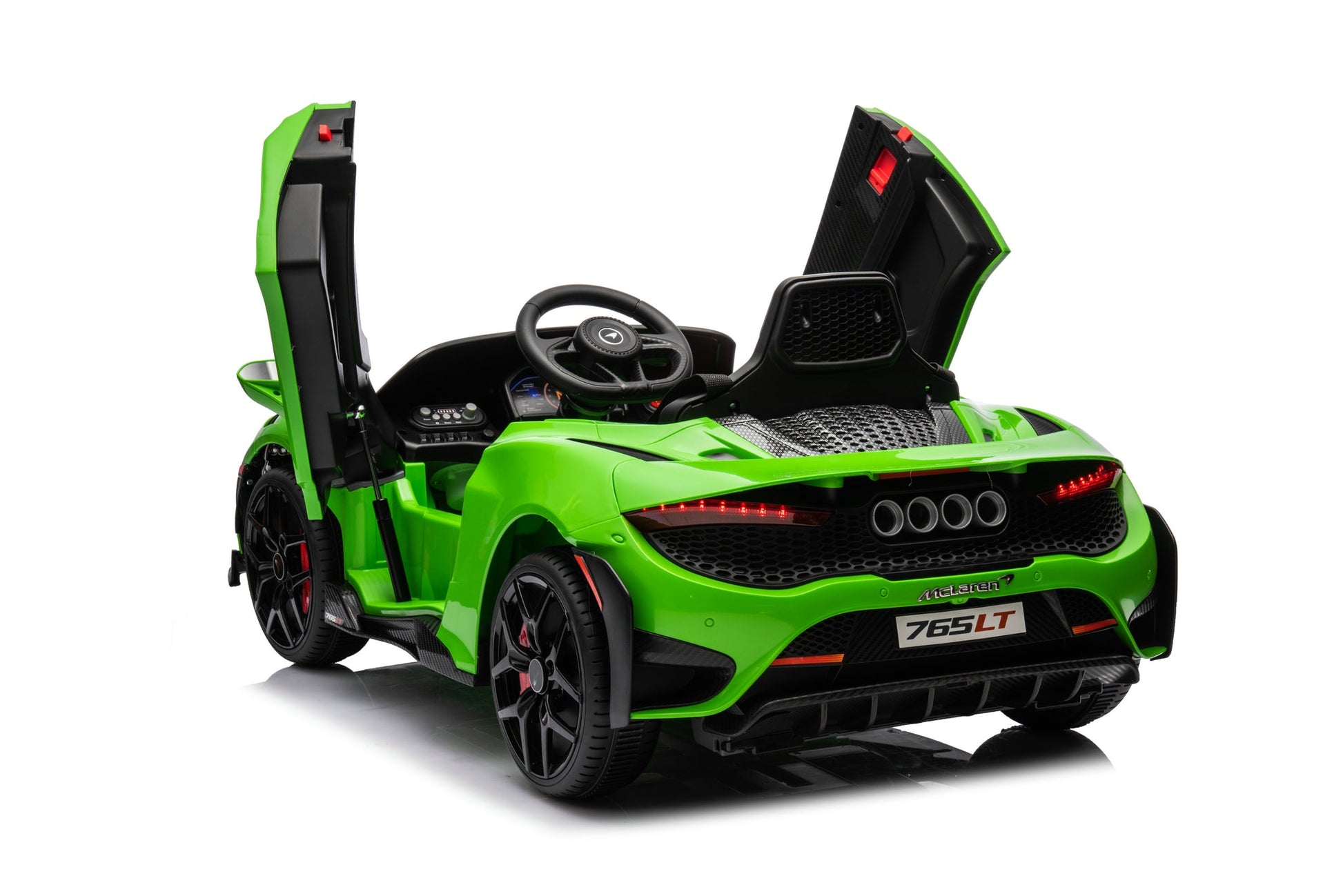 McLaren 765LT 12V Kids Ride-On Car in green with rubber tires, leather seat, LED lights, butterfly doors, parental remote control, and rechargeable battery.
electric-powered kids ride on car McLaren 765LT 12v