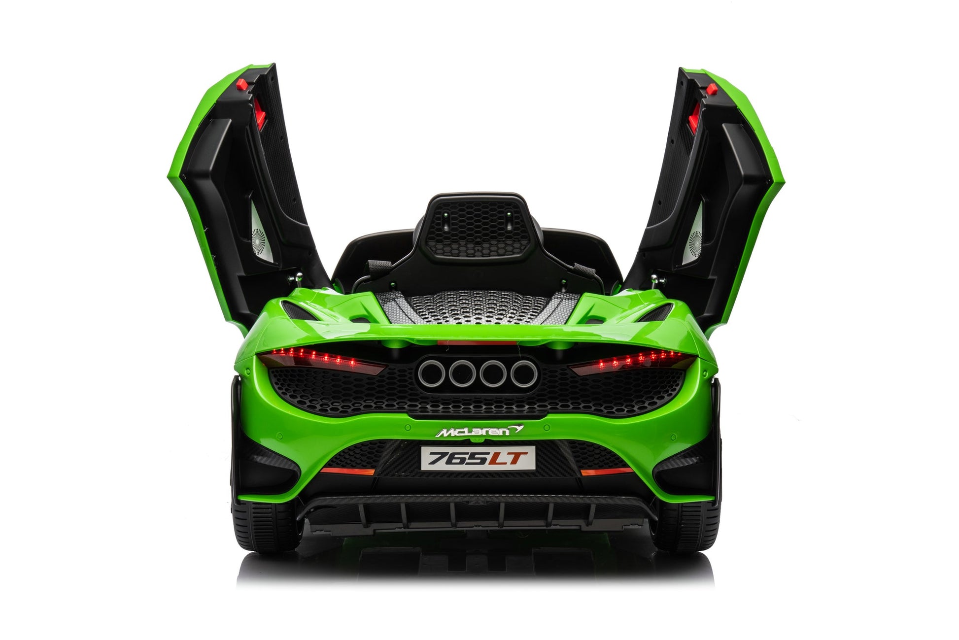 McLaren 765LT 12V Kids Ride-On Car in green with rubber tires, leather seat, LED lights, butterfly doors, parental remote control, and rechargeable battery.
electric-powered kids ride on car McLaren 765LT 12v