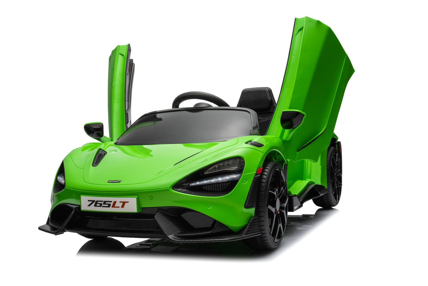 McLaren 765LT 12V Kids Ride-On Car in green with rubber tires, leather seat, LED lights, butterfly doors, parental remote control, and rechargeable battery.
electric-powered kids ride on car McLaren 765LT 12v