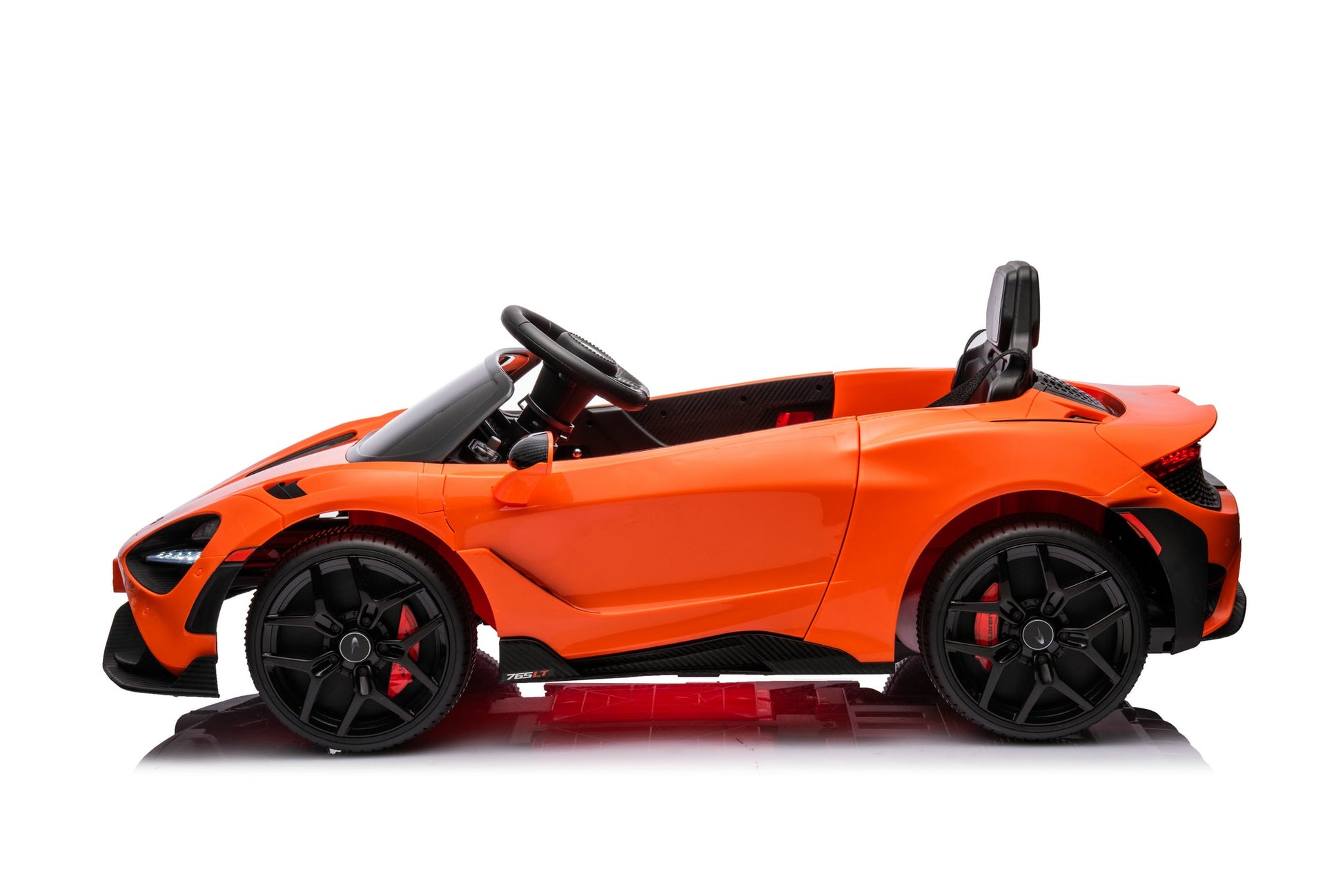 McLaren 765LT 12V Kids Ride-On Car in orange with rubber tires, leather seat, LED lights, butterfly doors, parental remote control, and rechargeable battery.
electric-powered kids ride on car McLaren 765LT 12v