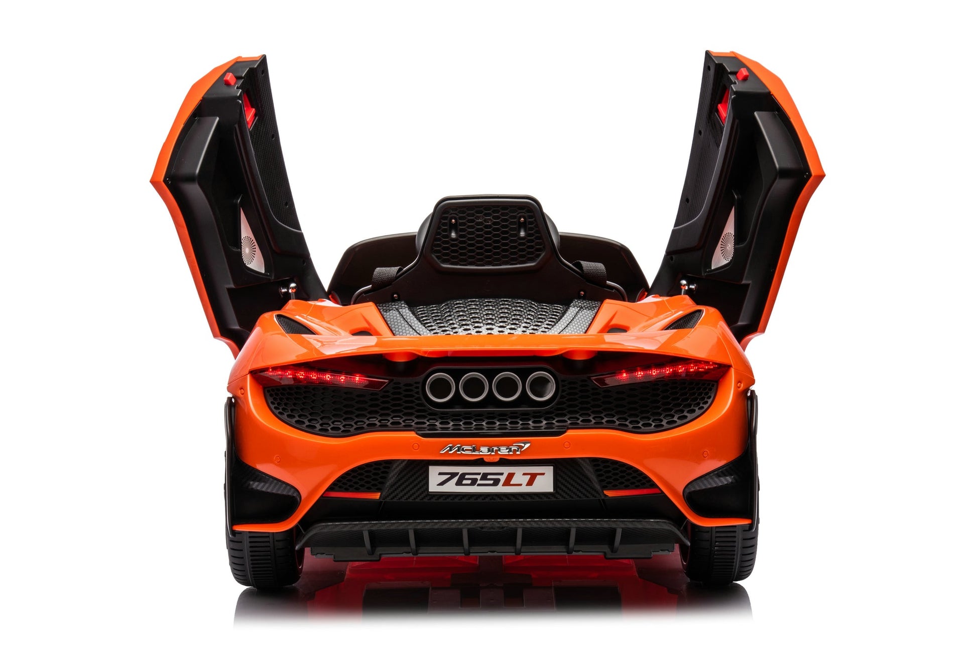 McLaren 765LT 12V Kids Ride-On Car in orange with rubber tires, leather seat, LED lights, butterfly doors, parental remote control, and rechargeable battery.
electric-powered kids ride on car McLaren 765LT 12v