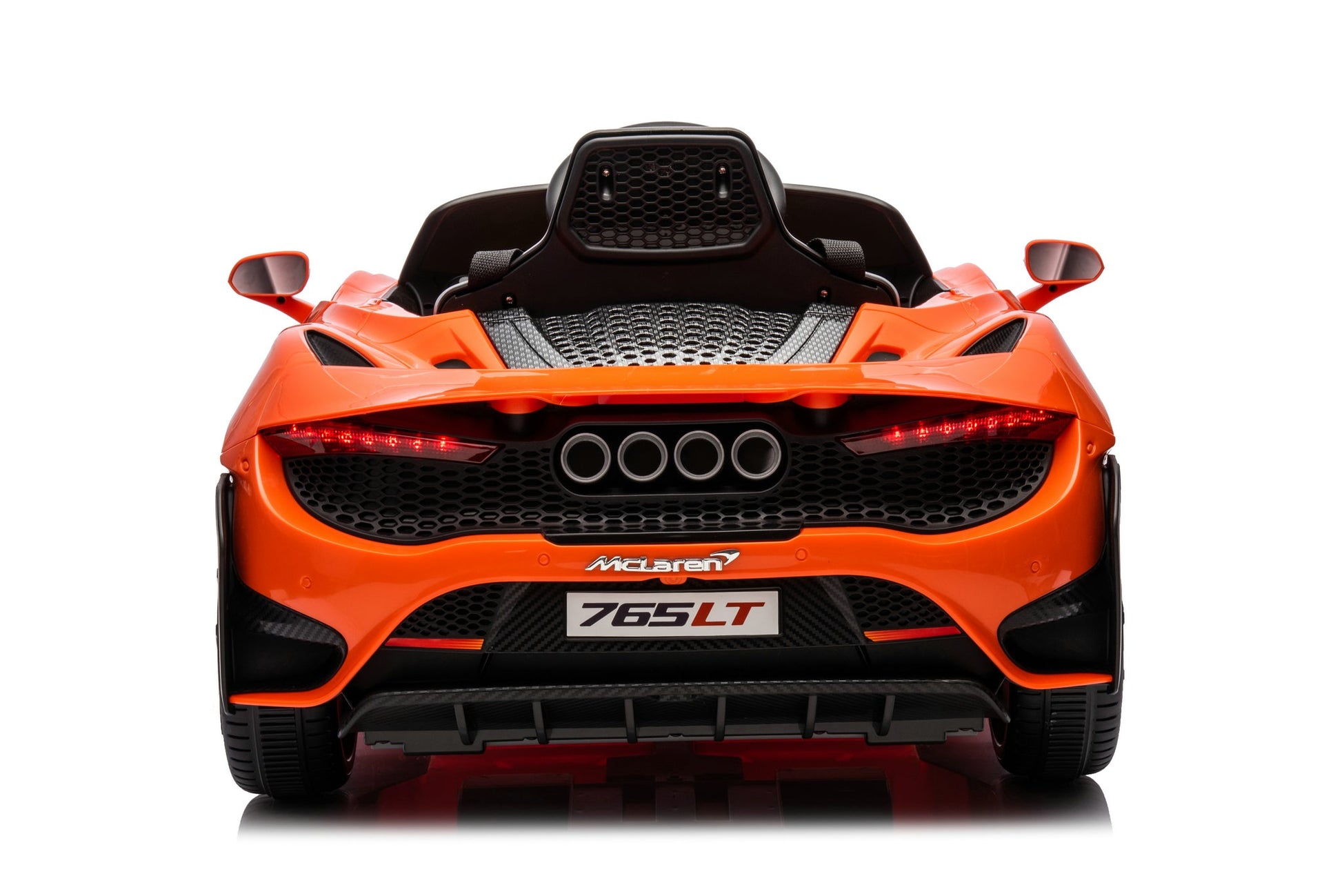 McLaren 765LT 12V Kids Ride-On Car in orange with rubber tires, leather seat, LED lights, butterfly doors, parental remote control, and rechargeable battery.
electric-powered kids ride on car McLaren 765LT 12v