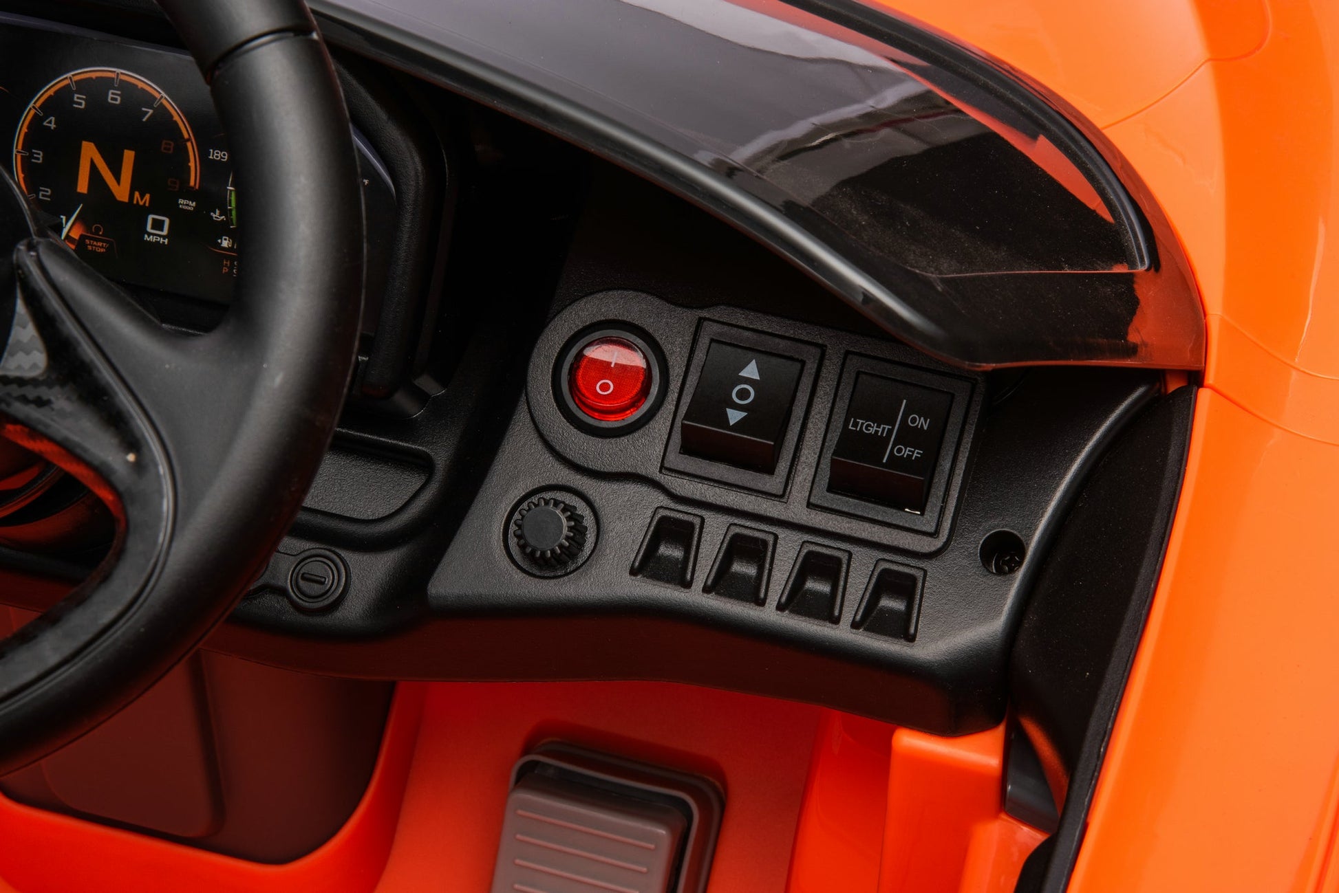 McLaren 765LT 12V Kids Ride-On Car in orange with rubber tires, leather seat, LED lights, butterfly doors, parental remote control, and rechargeable battery.
electric-powered kids ride on car McLaren 765LT 12v