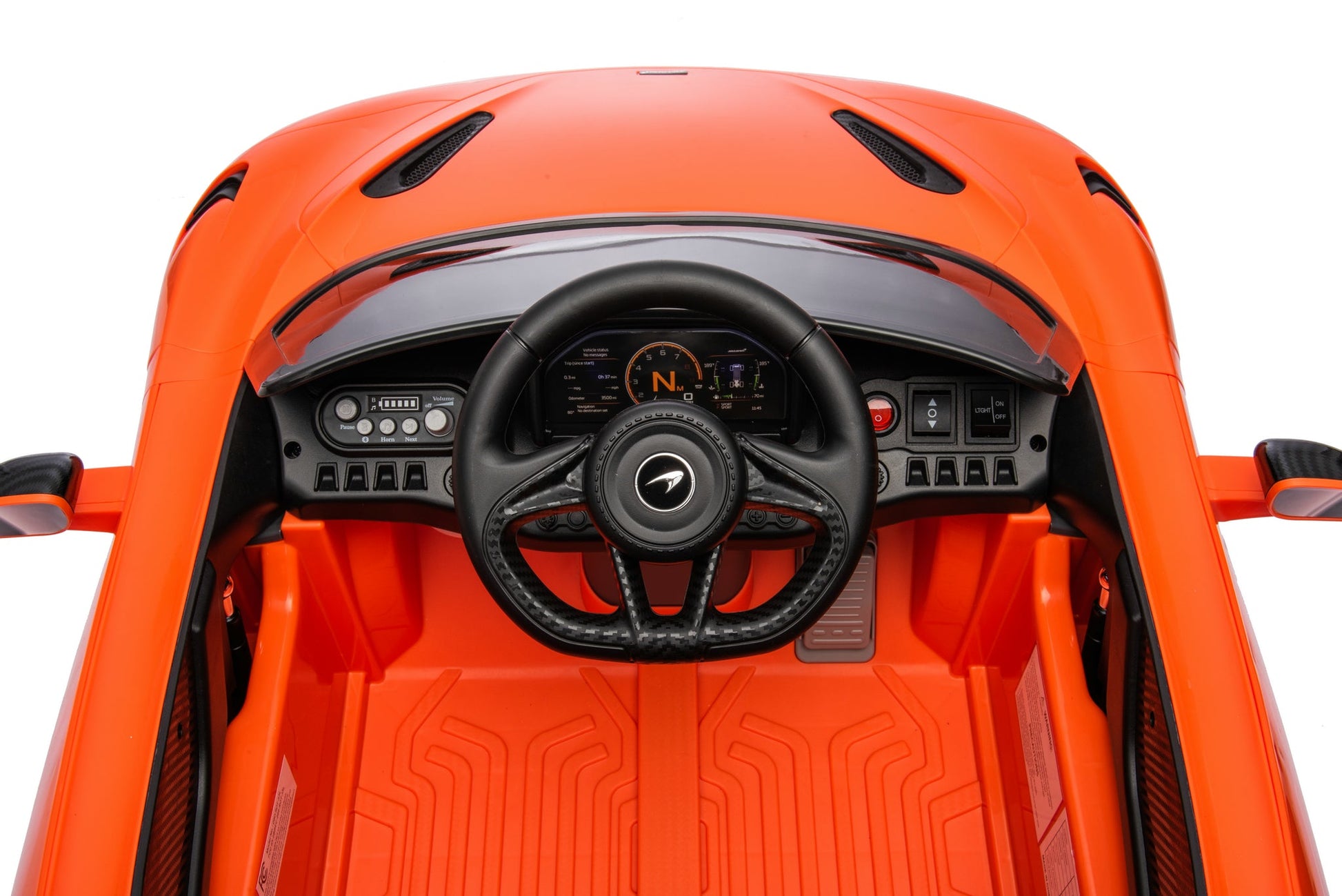 McLaren 765LT 12V Kids Ride-On Car in orange with rubber tires, leather seat, LED lights, butterfly doors, parental remote control, and rechargeable battery.
electric-powered kids ride on car McLaren 765LT 12v