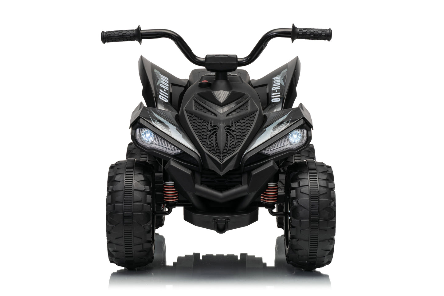 Black kids' ride-on ATV with front headlights, handlebars, and rugged tires, photographed from the front on a white background.