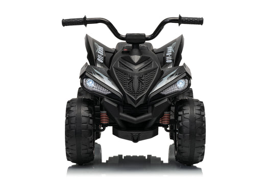 Black kids' ride-on ATV with front headlights, handlebars, and rugged tires, photographed from the front on a white background.