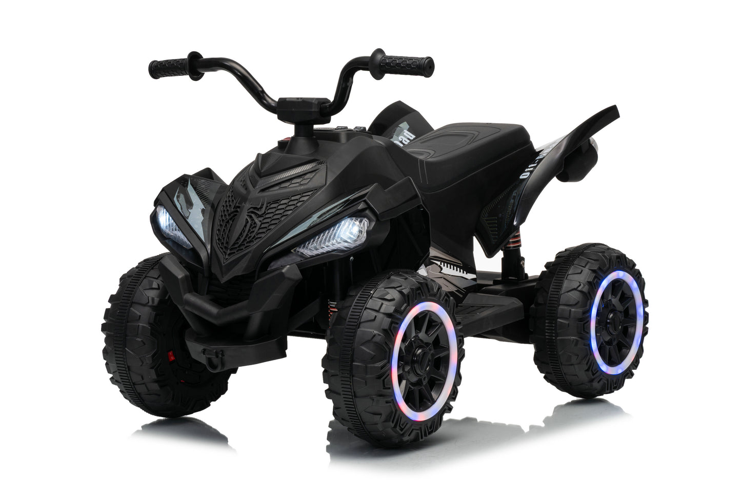 Black kids' ride-on ATV with LED headlights and blue-lit wheels, shown on a white background.
