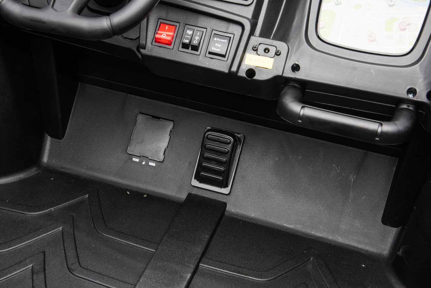 Interior view of the Apex XXL 24V kids ride-on UTV.