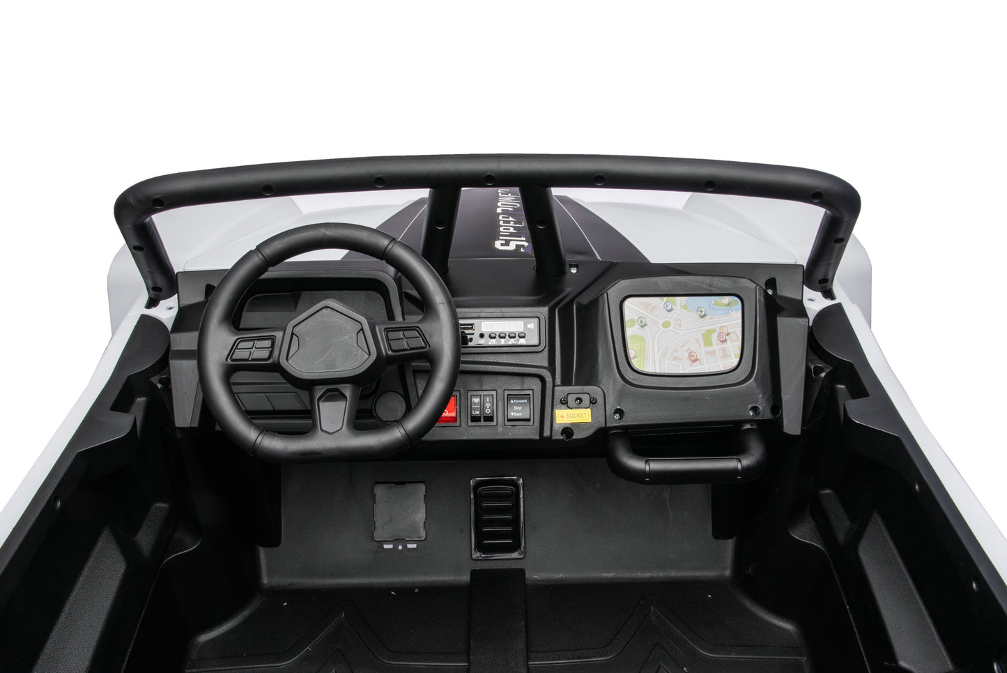 Black children's ride-on toy car interior dashboard with steering wheel, instrument panel, and small screen display, shown from the front against a white background.