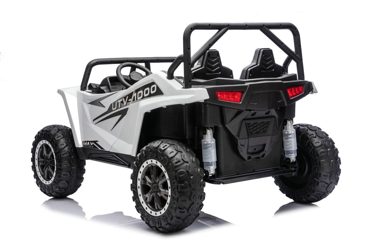A 24Volts Apex XXL white and black 4-seat electric ride-on UTV toy with rugged off-road tires, a roll cage, and 'UTV-1000' graphics on the side, shown on a white background.