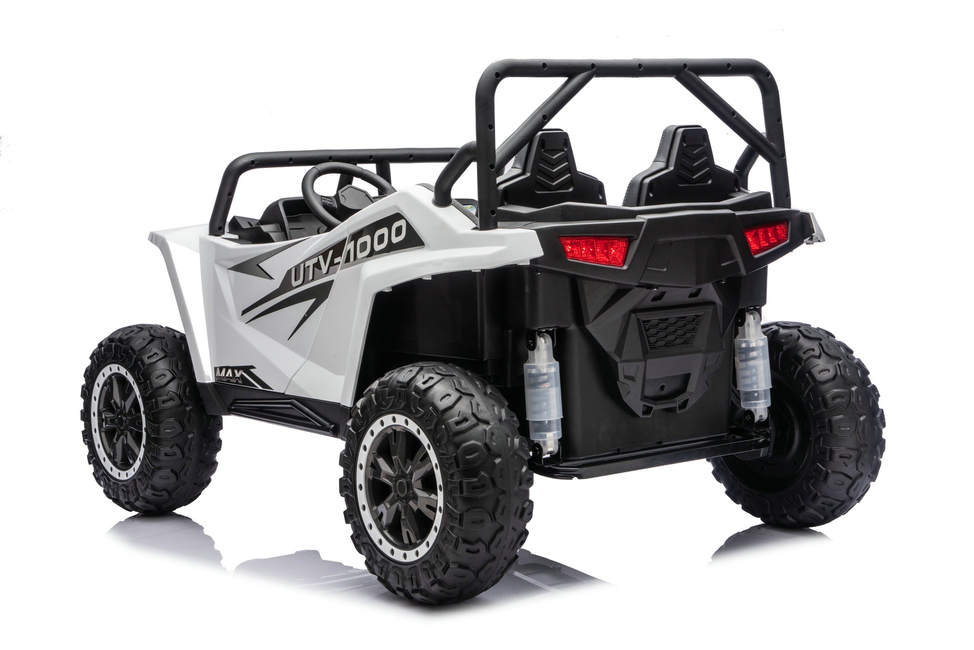 A 24Volts Apex XXL white and black 4-seat electric ride-on UTV toy with rugged off-road tires, a roll cage, and 'UTV-1000' graphics on the side, shown on a white background.