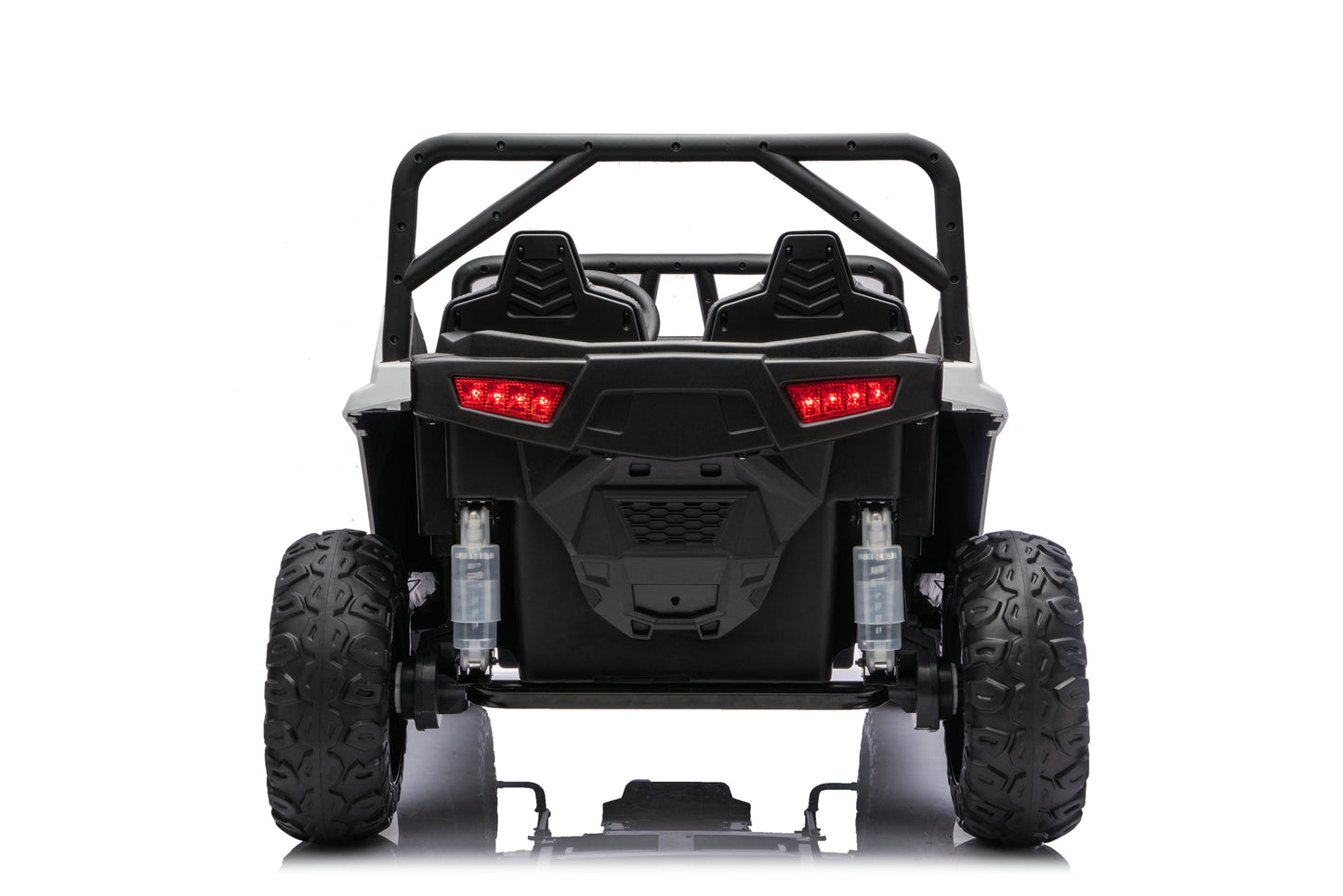 Rear view of a black four-wheeler UTV with a roll cage, black seats, and red taillights on a white background.