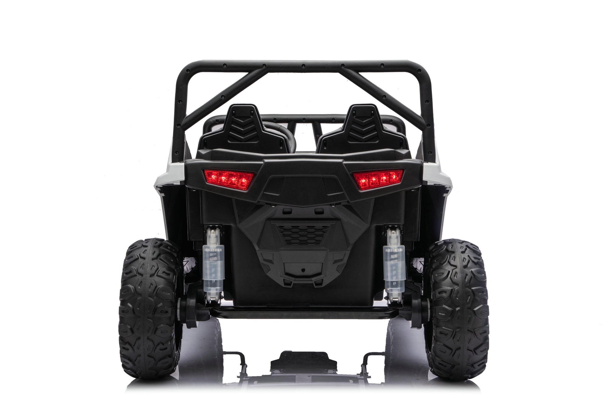 Rear view of a black four-wheeler UTV with a roll cage, black seats, and red taillights on a white background.