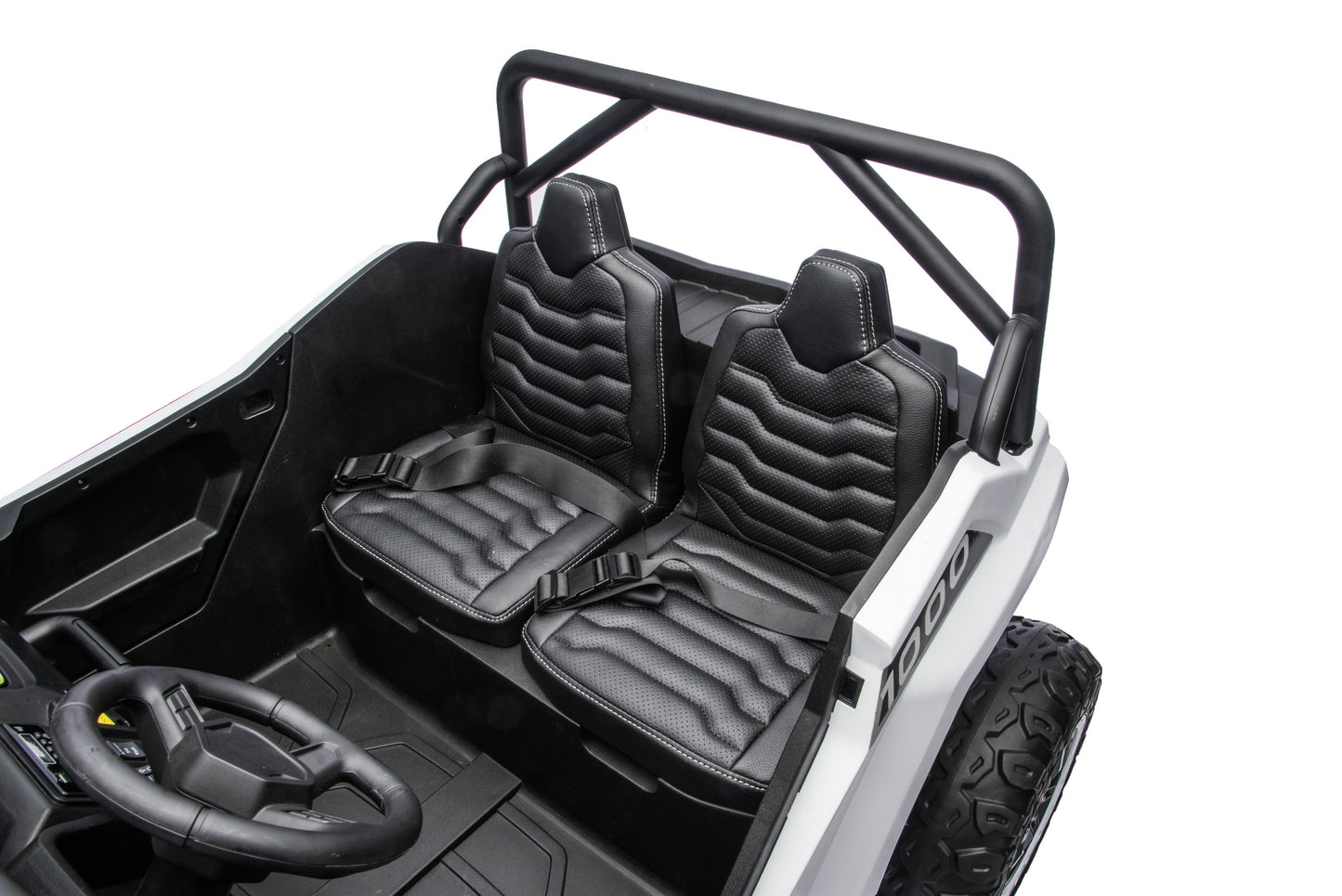 Black textured bucket seat covers with integrated shoulder straps, shown installed on the front of a white and black toy vehicle with a roll bar, on a white background.