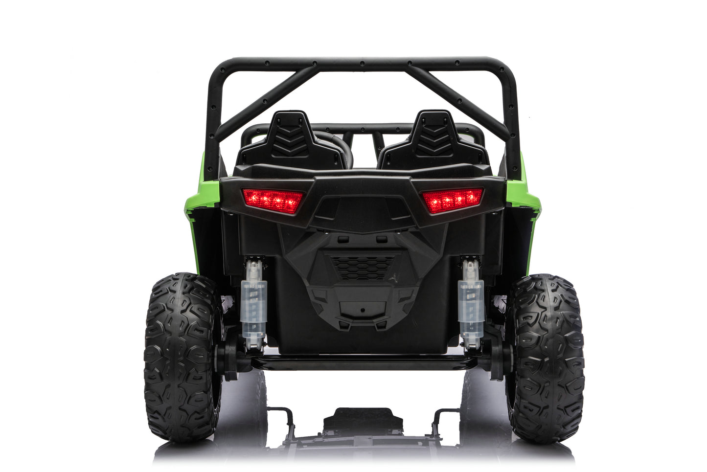 A rear view of a black and lime green four-seater UTV side-by-side vehicle with large off-road tires, a roll cage, and red taillights, shown on a white background.