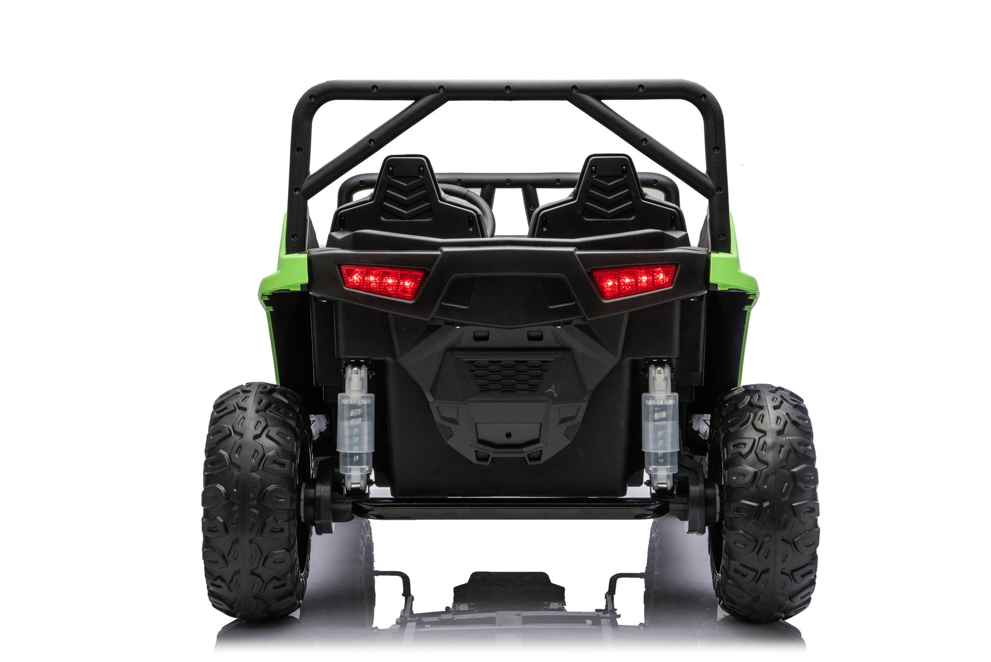 A rear view of a black and lime green four-seater UTV side-by-side vehicle with large off-road tires, a roll cage, and red taillights, shown on a white background.