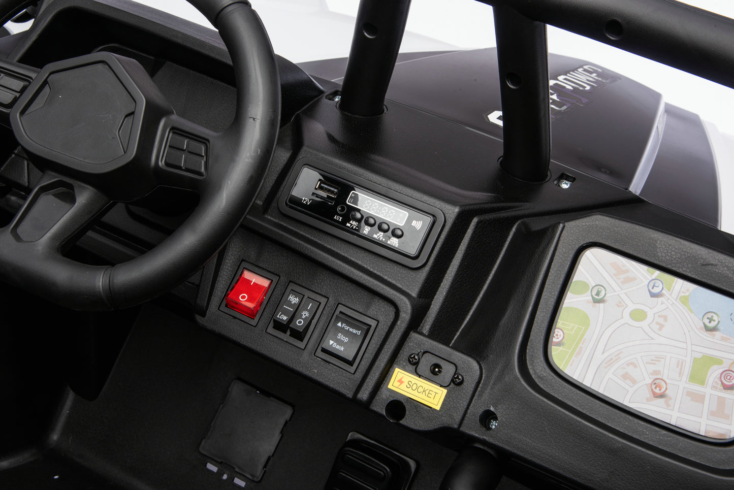 Bluetooth music stereo system in the Apex XXL 24V ride-on UTV.