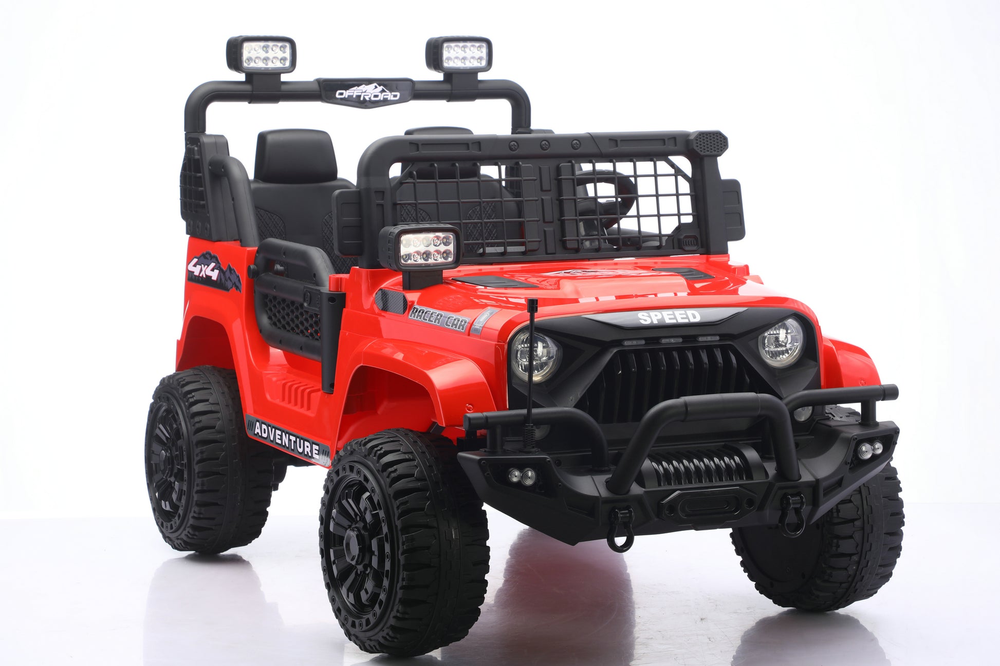 A red and black kids' electric ride-on toy jeep with off-road features, including large black tires, a front bumper guard, and roof-mounted light bars, photographed on a white studio background.