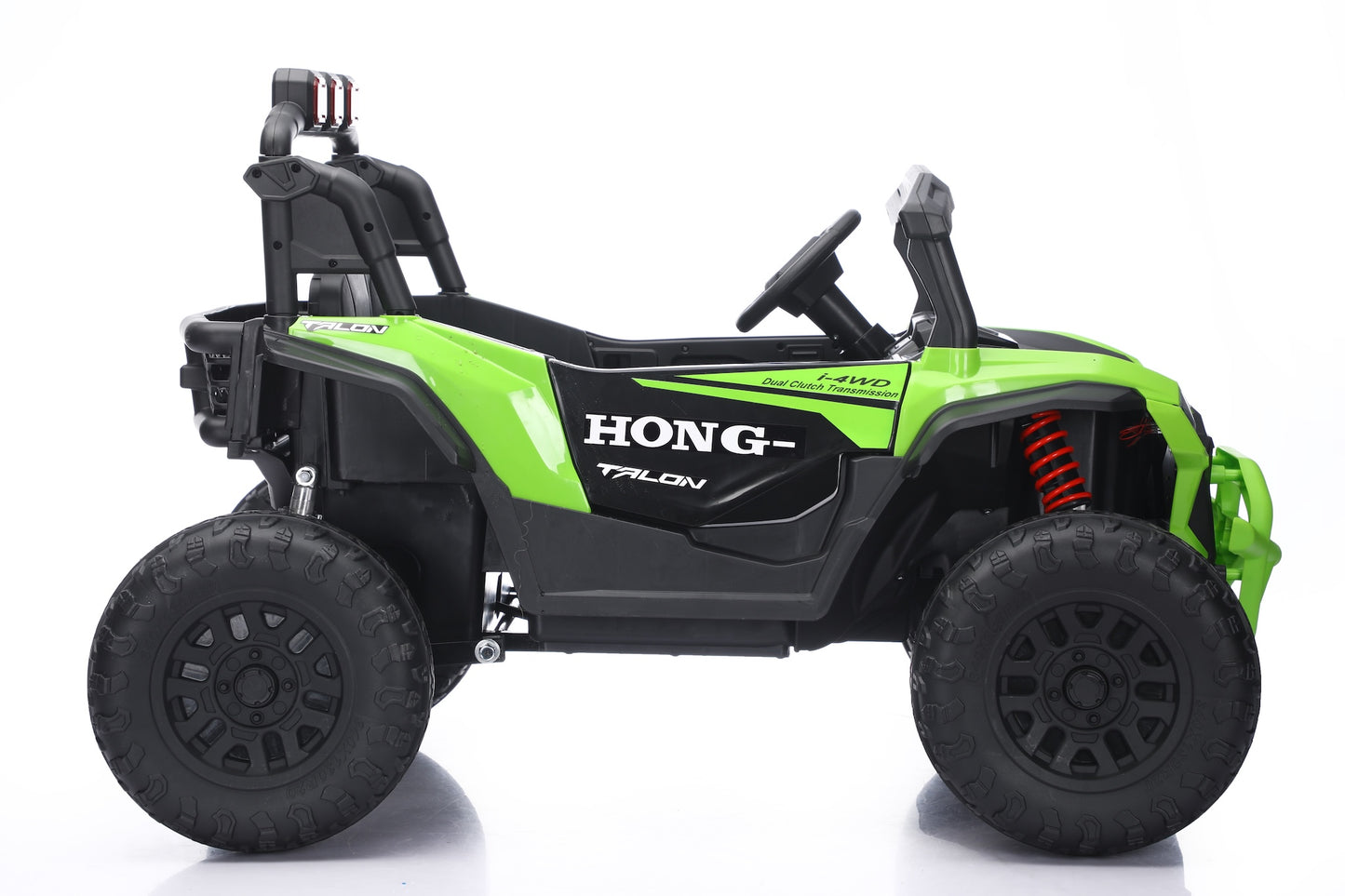 A side view of a children's electric ride-on UTV toy in lime green and black, featuring a roll cage, steering wheel, and large off-road tires, with the brand name HONG visible on the side panel.