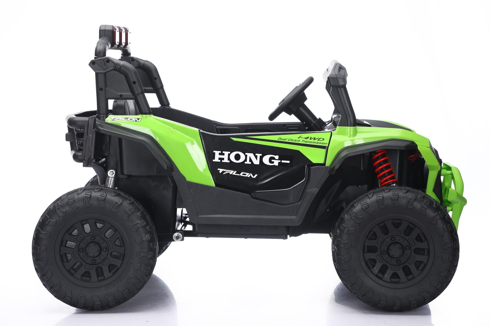 A side view of a children's electric ride-on UTV toy in lime green and black, featuring a roll cage, steering wheel, and large off-road tires, with the brand name HONG visible on the side panel.